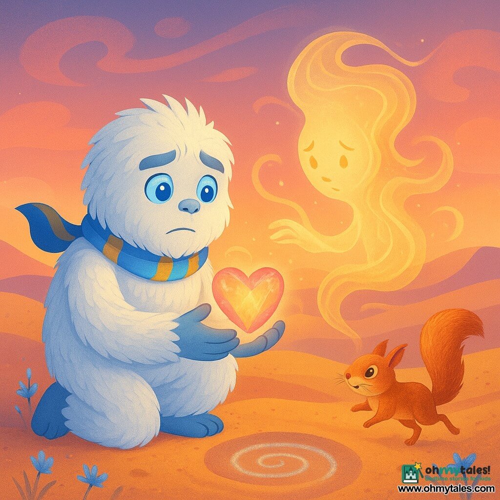 The main character is Mallo, a young Yeti—contrite but determined—with textured snowy white fur, bright sapphire eyes and a small blue-and-gold scarf, gently holding a glowing crystal heart that emits warm amber-pink light; before him floats an ancient translucent golden spirit, a blown-glass swirl with star-like eyes and slender hands nearly touching the crystal, appearing worried then soothed; a copper-and-gold sand squirrel with shimmering whiskers perches on a nearby dune, playful and curious; the setting is rolling desert dunes at sunset—golden sand, peach-and-violet sky, blue moon-flowers sparking, and a silver-glowing spiral in the sand; Mallo kneels at the spiral's edge returning the crystal heart to the spirit as musical visual waves sweep the luminous, peaceful scene.