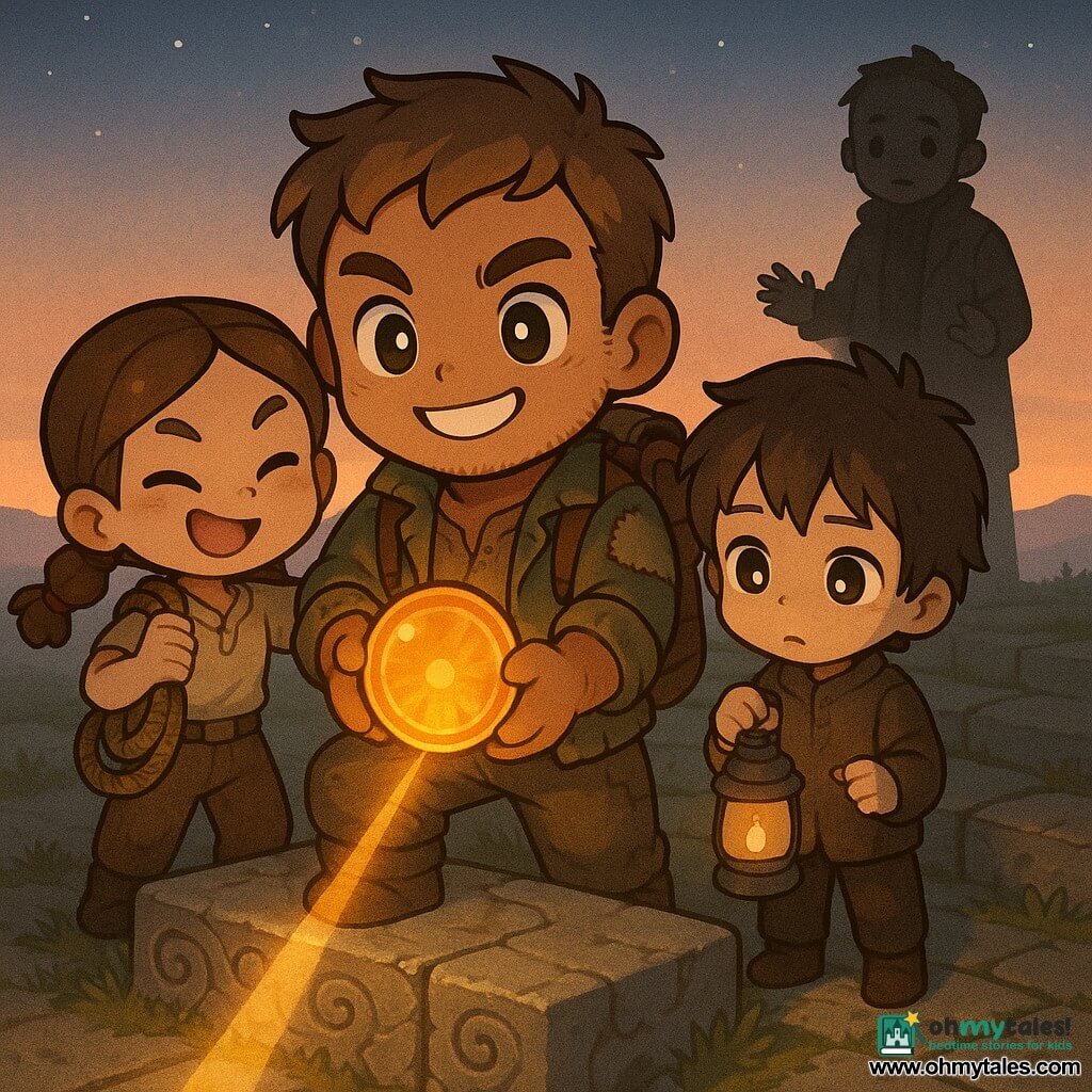 A chibi-styled muscular hero smiles determinedly at the sky with bright eyes, short sun-brown hair, tanned skin, a patched canvas jacket and worn backpack, gently holding an amber glass disc; to his left stands Talia, 13, energetic with brown braids, a rope over her shoulder and a proud, mischievous expression, ready to support him; to his right Jori, 12, small and serious with messy hair and clay-stained fingers, holds a dim lantern and watches the disc in wonder; behind them Karn, 30–35, tense but calm in a worn dark coat, stands slightly back with open hands to show he’s not a threat; they are on a large ancient stone terrace atop a mountain with a carved spiral pedestal, low grasses, cracks and olive-green moss, under a morning sky with fading stars and a thin orange dawn; as the hero places the Sun-Glass into the pedestal, a golden beam shoots out, sweeping the terraces below, creating a hopeful atmosphere with warm amber, gold and orange light contrasted against cool stone grays and mossy greens.