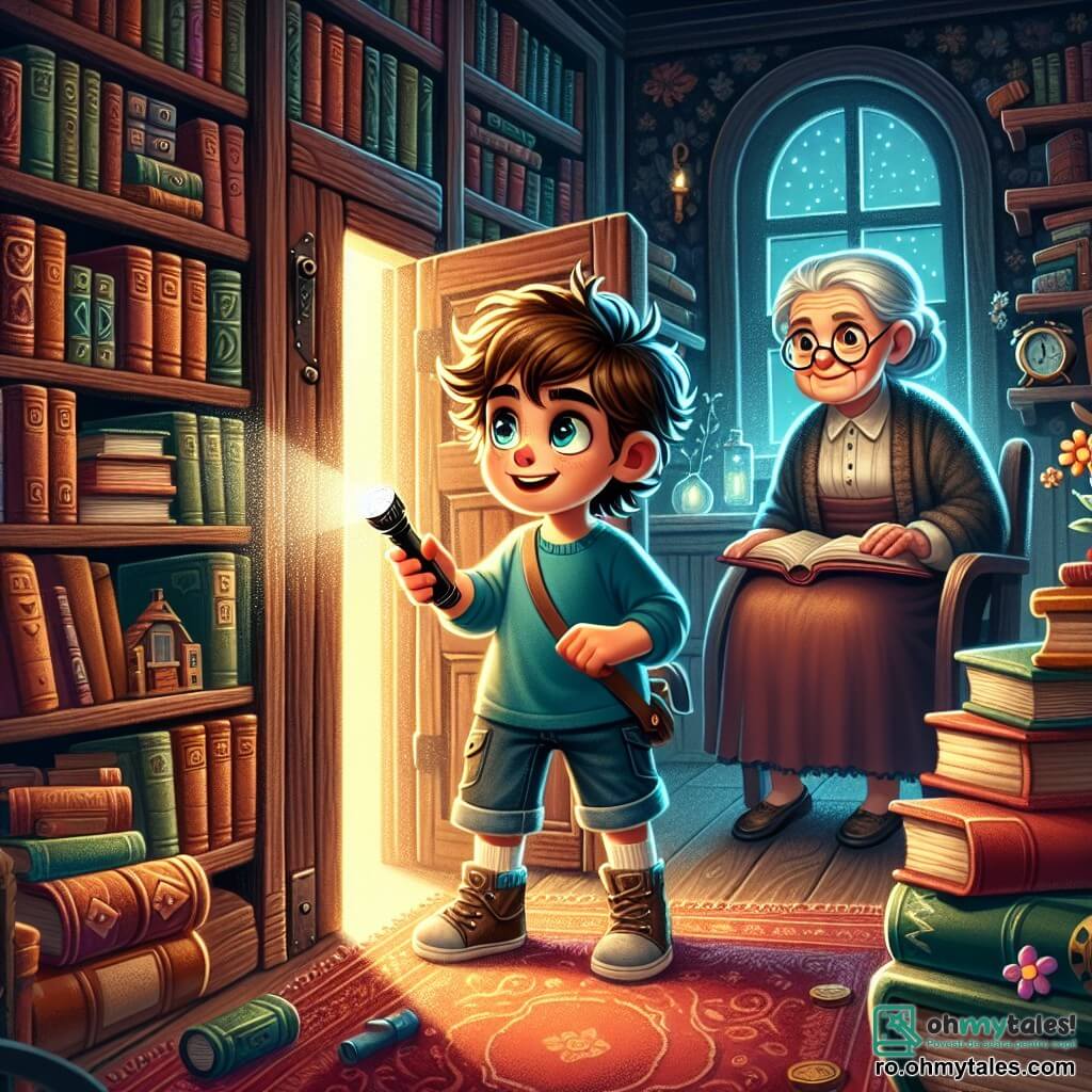 Un băiat de 10 ani, cu părul castaniu în dezordine și ochii strălucind de curiozitate, stă în fața unei vechi biblioteci din lemn, cu fața luminată de un zâmbet uimit. Poartă un tricou albastru și o pereche de pantaloni scurți din denim, ținând o lanternă în mâna dreaptă, pregătit să exploreze. Lângă el, bunica sa, o femeie în vârstă cu părul gri și ochelari rotunzi, îl observă cu un zâmbet binevoitor, așezată pe un scaun din lemn, înconjurată de cărți vechi. Locația este o cameră călduroasă, plină de cărți cu coperte colorate, cu rafturi din lemn închis și un covor roșu uzat. Lumina moale pătrunde printr-o fereastră, creând o atmosferă misterioasă și primitoare. Situația principală arată băiatul descoperind o mică ușă secretă ascunsă în spatele unei rânduri de cărți, inima lui bătând de emoție în timp ce se pregătește să o deschidă, dezvăluind un coridor întunecat și intrigant.