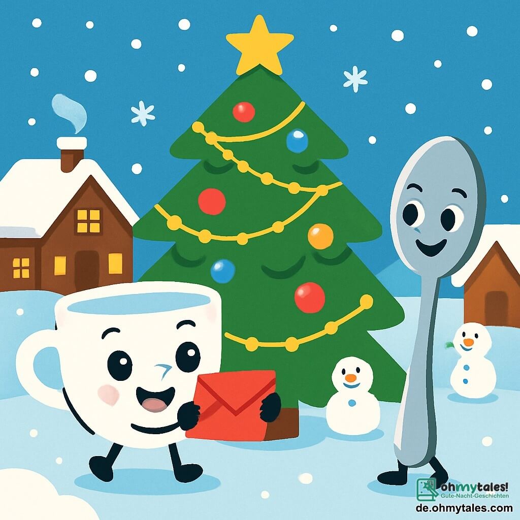 Eine kleine Porzellantasse mit einem lächelnden Gesicht und funkelnden Augen steht fröhlich vor einem großen Weihnachtsbaum, der mit glitzernden Girlanden und bunten Kugeln geschmückt ist. Sie wirkt aufgeregt und entschlossen und hält einen kleinen roten Umschlag in ihren Händen. Neben ihr schaut ein kleiner Löffel aus Metall mit einem schelmischen Lächeln und funkelnden Augen begeistert zur Tasse. Er ist leicht geneigt, als ob er bereit wäre, sie auf ihrem Abenteuer zu begleiten. Die Kulisse ist ein verschneites Dorf mit Holzhäusern, deren Dächer mit Schnee bedeckt sind, sanft fallenden Schneeflocken und funkelnden Lichtern, die die Szene erhellen. Der Baum steht im Zentrum des Dorfplatzes, umgeben von lächelnden Schneemännern. Die kleine Tasse und der Löffel bereiten sich darauf vor, die wertvolle Post dem Weihnachtsmann zu übergeben, umgeben von einer festlichen und warmen Atmosphäre, die voller Weihnachtsmagie ist.
