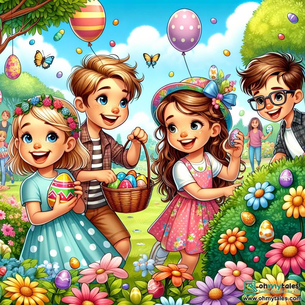 In a sunny park, four friends are gathered for an Easter egg hunt. Lily, a 7-year-old girl with brown hair in braids, holds a colorful basket filled with chocolate eggs, smiling with sparkling eyes. Next to her, Tom, an 8-year-old boy with messy blonde hair, points to an egg hidden behind a bush, his face beaming with excitement. Mia, a 6-year-old girl with curly hair and a flower hat, crouches to pick up a shiny egg, her pink dress gently flowing in the wind. Finally, Max, a 7-year-old boy with glasses and brown hair, stands on a bench, raising his arms in the air, shouting "I found an egg!" The park is filled with colorful flowers, lush trees, and children's laughter. Balloons float in the blue sky, and families settle on blankets nearby. The scene captures the friends in the midst of their egg hunt, surrounded by shiny chocolates and joyful laughter, embodying the festive spirit of Easter.
