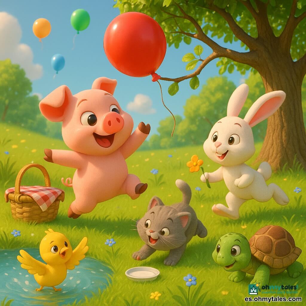 Un cerdito rosa llamado Pipo, alegre y decidido, salta sobre las patas traseras para alcanzar un gran globo rojo atrapado en una rama; la pata Dora, un patito amarillo de plumas lisas, nada en una charca cercana y bate las alas mirando el globo con curiosidad; el gatito Mimo, gris y esponjoso, ronronea y corre en círculos junto a una pequeña cuenco de leche; el conejo Lulo, blanco con largas orejas rosadas, da un salto atrás y sostiene una flor naranja; la tortuga Tita, verde con caparazón pardo moteado, avanza lentamente cerca de la rama; todo ocurre en una pradera soleada con hierba alta, pequeñas flores y un gran árbol con una rama baja, junto a una mantita a cuadros rojo y blanco y una cesta de mimbre abierta; escena luminosa y colorida de amigos cooperando alegremente.