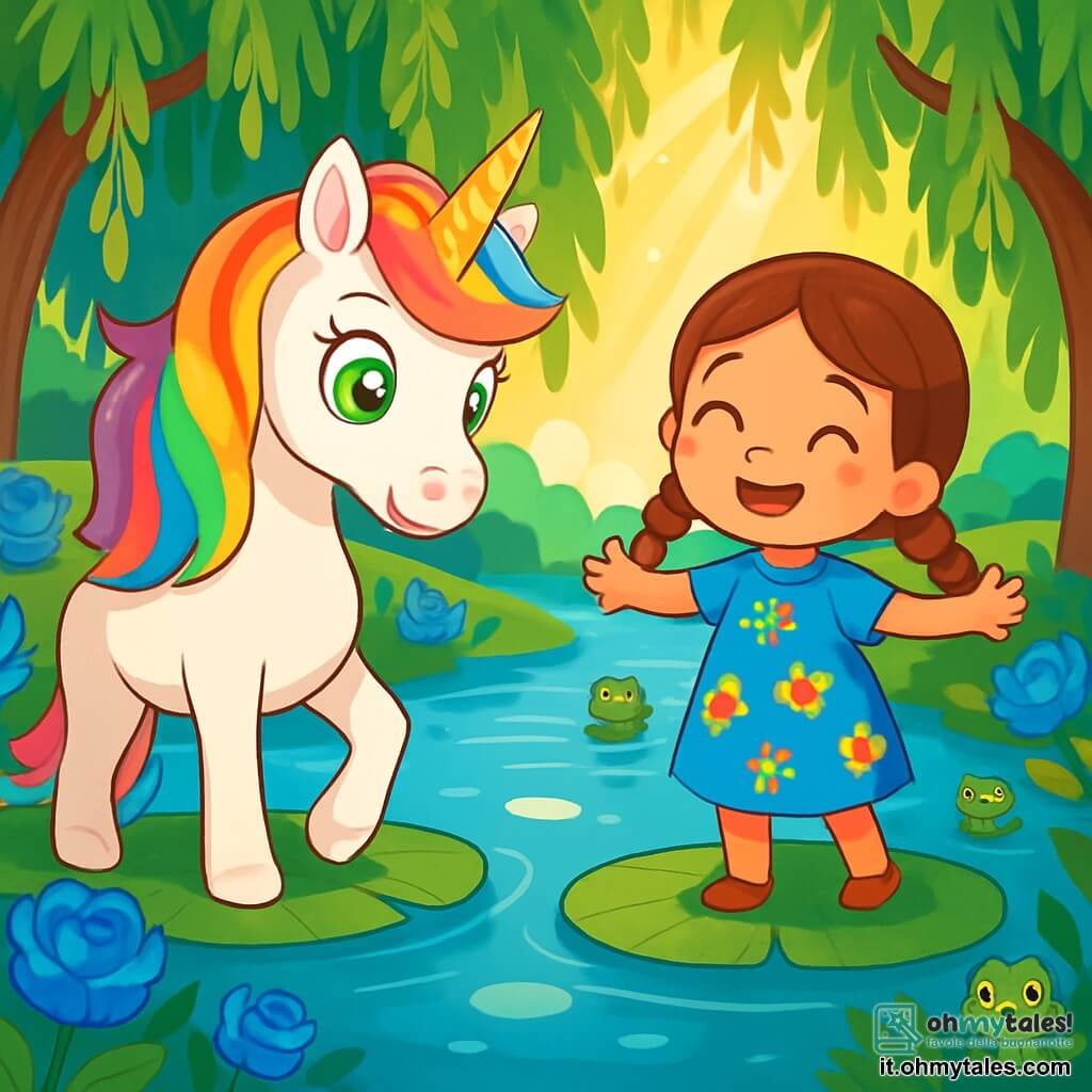 Una magnifica unicorno dagli occhi verdi brillanti e dalla criniera arcobaleno, piena di curiosità e meraviglia, si trova sulla riva di un lago incantato. Ha un corno scintillante d'oro e delicate zampe bianche, e guarda con entusiasmo l'acqua chiara che riflette il cielo. Accanto a lei, una bambina di 8 anni, con capelli castani e trecce, indossa un vestito blu decorato con fiori, sorridendo con ammirazione, le braccia aperte, pronta ad accogliere la magia. Il lago è circondato da rose blu brillanti e grandi salici che si chinano dolcemente verso l'acqua, creando un'atmosfera fiabesca. I raggi di sole filtrano tra le foglie, illuminando la scena con una luce dorata. L'unicorno e la bambina si preparano a attraversare il lago su ninfee giganti, ogni passo è un atto di coraggio e scoperta, mentre piccole creature magiche li osservano con occhi scintillanti di gioia.