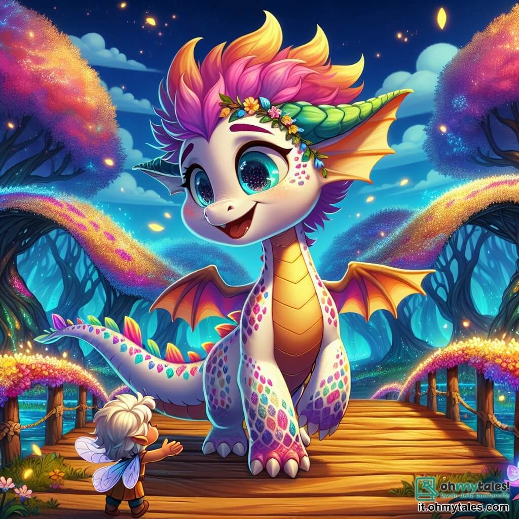 Fiammetta, un giovane drago dalle squame colorate come un arcobaleno, è al centro dell'immagine, con occhi scintillanti di curiosità e un ampio sorriso sul volto. Sta attraversando un ponte di nuvole soffici, con le ali leggermente spiegate, pronta a scoprire un nuovo mondo. Accanto a lei, Elio, un piccolo elfo dai capelli dorati e un cappello a punta, sorride entusiasta. Fluttua leggermente sopra il suolo, con le braccia aperte, come se stesse accogliendo Fiammetta nel Regno dei Sogni. Il paesaggio è una foresta incantata, con alberi giganteschi dalle foglie vibranti, un cielo blu profondo punteggiato di nuvole morbide e un terreno coperto di fiori luminosi che sembrano danzare al ritmo di una dolce brezza. La scena principale mostra Fiammetta ed Elio pronti ad attraversare il Ponte delle Nuvole, simboleggiando l'inizio di una grande avventura, piena di magia e scoperte.