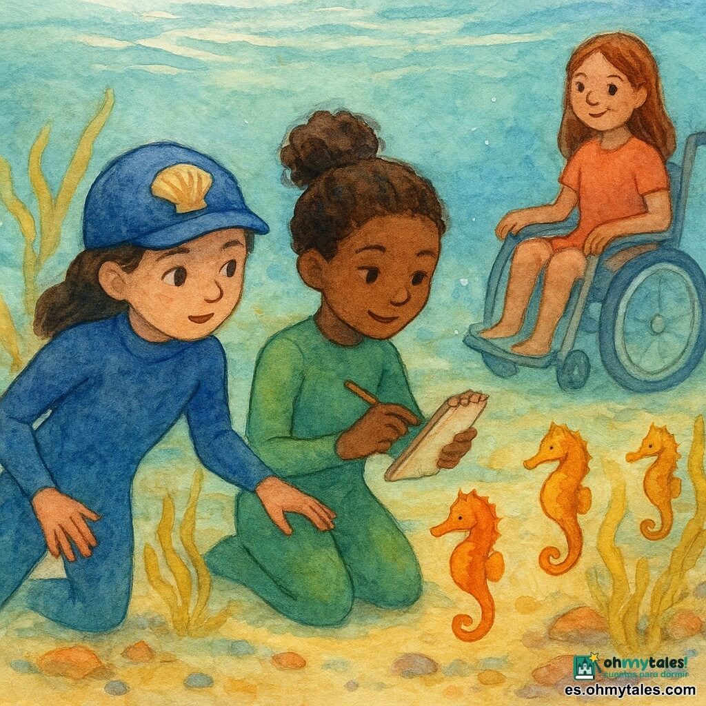 Hay 3 personajes: - Luna, una niña de 10 años, lleva un traje de buceo azul y una gorra con una almeja dibujada. Está nadando cerca de la superficie, observando atentamente los caballitos de mar. - Vega, una niña de 10 años, está sentada en una silla flotante adaptada, con una rueda que brilla ligeramente bajo el agua. Está cerca de la orilla, vigilando la escena con una sonrisa alentadora. - Mara, una niña de 10 años, lleva un traje de buceo verde y sostiene un cuaderno de bocetos en una mano. Está al lado de Luna, dibujando los caballitos de mar con atención. El lugar es un claro marino encantador, bañado de luz suave, donde las algas amarillas ondean suavemente. El fondo es arenoso y salpicado de pequeñas rocas coloridas. Caballitos de mar de tonos vivos flotan graciosamente entre las algas. La situación principal muestra a Luna y Mara observando y dibujando los caballitos de mar, mientras Vega vigila desde su silla flotante. La atmósfera es pacífica y mágica, capturando la belleza y fragilidad de este mundo submarino.