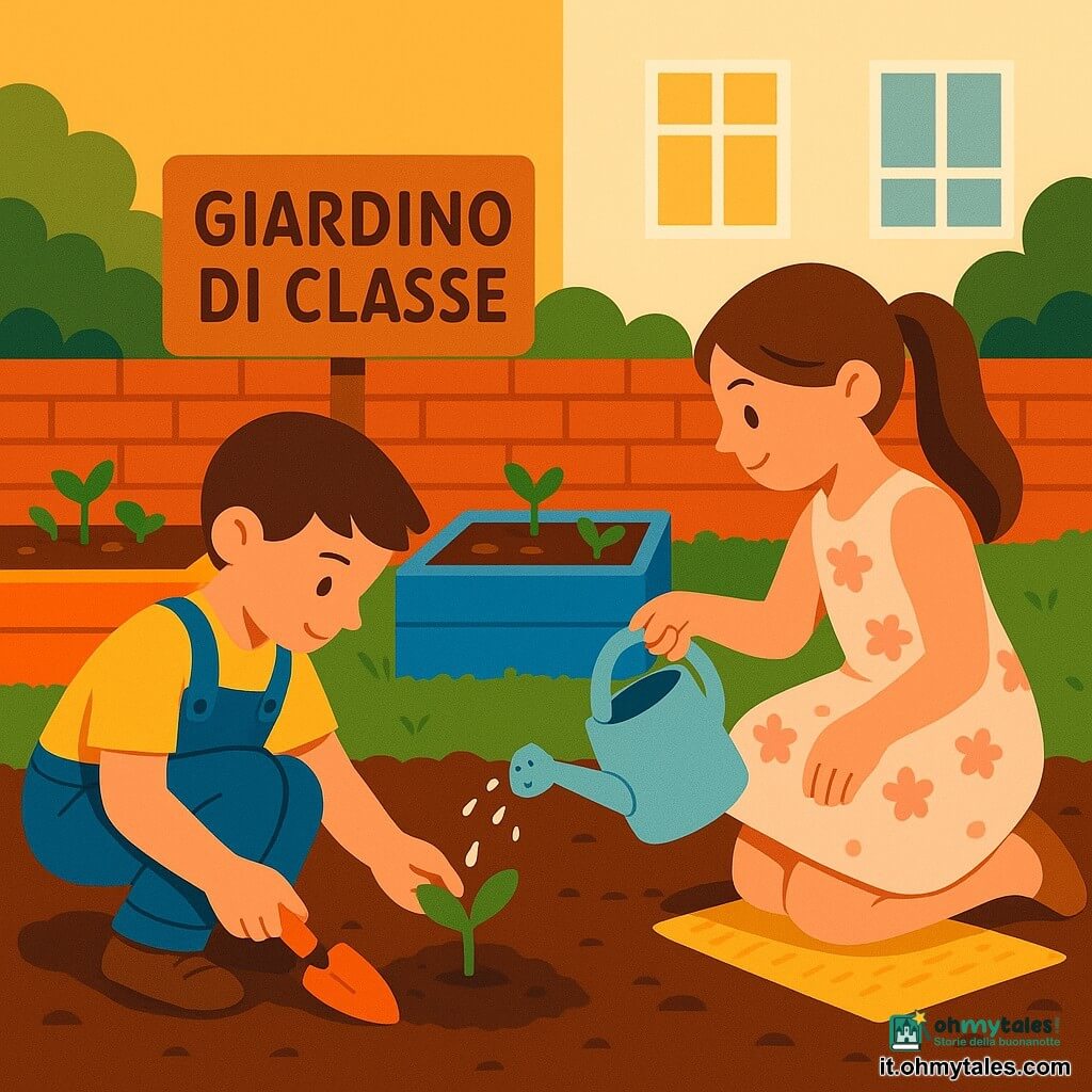 Due bambini di 8 anni che piantano semi in un piccolo giardino scolastico assolato: un ragazzo con capelli castani corti, maglietta gialla e salopette di jeans leggermente polverosa accovacciato a sinistra con una pala arancione mentre sistema un vasetto verde; una ragazza con capelli castani lunghi raccolti in coda, vestito rosa a fiori, ginocchio destro su un tappetino di juta a destra che versa acqua da un annaffiatoio azzurro su un seme; terreno ricco, aiuole e cassette di legno colorate, una targhetta «Jardin de la classe» su un muretto di mattoni rossi e la facciata chiara della scuola sullo sfondo; luce calda del mattino, colori netti e atmosfera gioiosa e tranquilla, scena semplice e leggibile adatta a un poster per bambini.