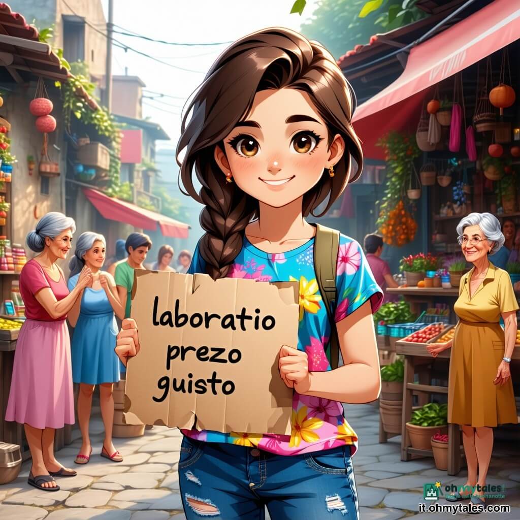 Al centro dell'immagine, una ragazza di 12 anni, Lina, sta in piedi con uno sguardo determinato e pieno di speranza. Ha i capelli castani, leggermente ondulati, che le cadono sulle spalle e indossa una maglietta colorata con motivi floreali e un jeans consumato. I suoi occhi brillano di una luce vivida, riflettendo la sua passione per aiutare gli altri. Tiene un piccolo cartello di cartone con parole scritte a mano, che annuncia un "Atelier Prezzo Giusto". Accanto a lei, la signora Rita, una donna di circa 50 anni con i capelli grigi raccolti, sorride calorosamente mentre tiene una grande pentola di zuppa fumante. Indossa un grembiule colorato e si piega leggermente, pronta a servire i bambini che la circondano. Sullo sfondo, si vede un gruppo di bambini, tra cui un ragazzo di 10 anni con occhiali, che mostra una vecchia bicicletta a un'altra bambina di 9 anni, che ride mentre cerca di provarla. Sono tutti riuniti attorno a un tavolo di legno, pieno di vestiti e libri, creando un'atmosfera di amicizia e condivisione. Il luogo è una piccola piazza animata, circondata da alberi con foglie dorate, con tavoli colorati disposti intorno, decorati con tovaglie a quadri. Manifesti fatti a mano sono appesi ai muri, annunciando il mercato comunitario. La luce del sole filtra tra i rami, illuminando i volti sorridenti di bambini e adulti. La scena principale mostra Lina, piena di determinazione, che spiega agli altri bambini come funziona l'atelier, mentre la signora Rita serve la zuppa, creando un'atmosfera calorosa e solidale.