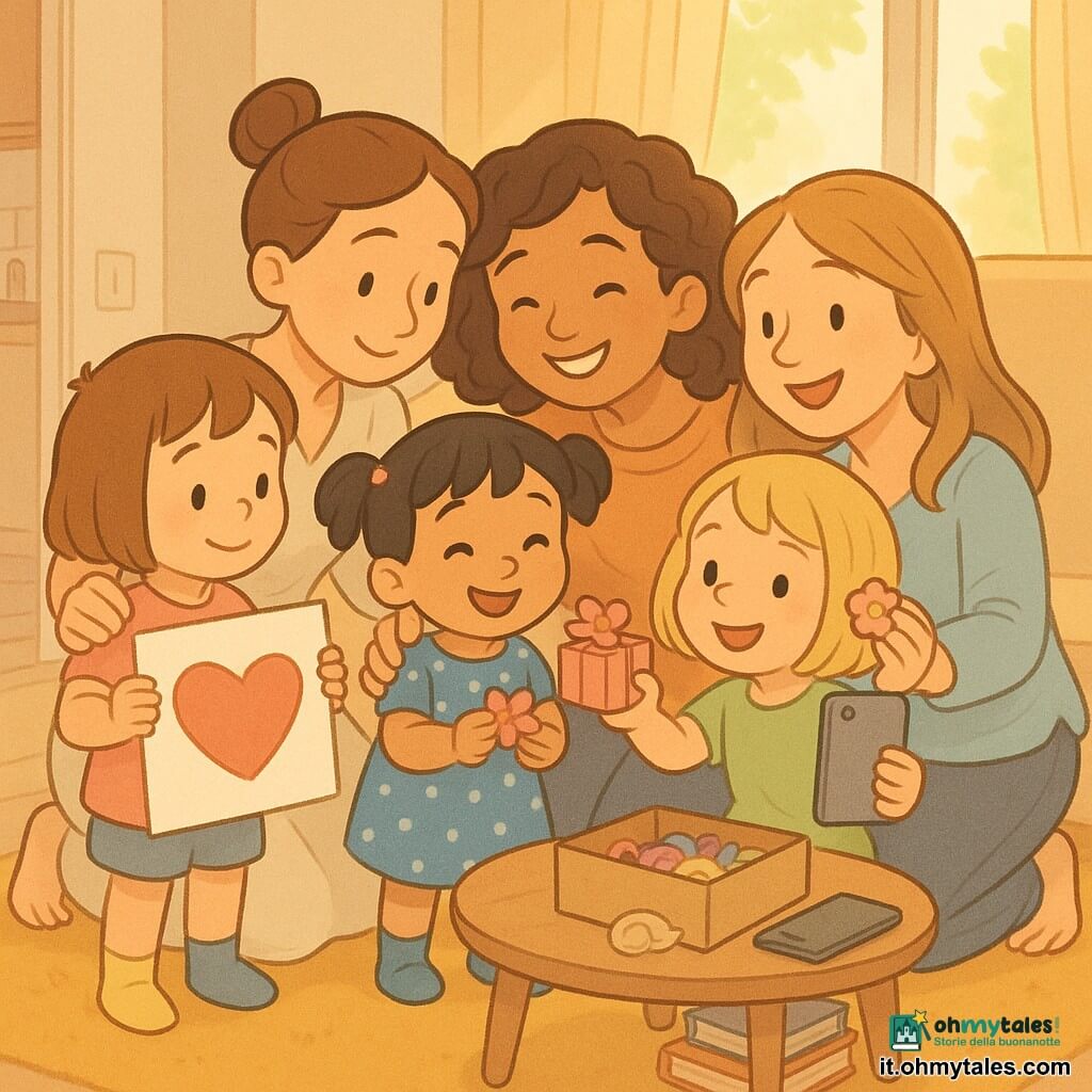 Sei persone: tre bambine di 3 anni — Lina, capelli castani corti, calzini spaiati (uno giallo, uno blu), a sinistra con un grande disegno a forma di cuore rosso; Mia, capelli neri a codini, vestito a pois blu, al centro, con un piccolo nastro rosa per la mamma; Nora, capelli biondi caschetto, maglietta verde, a destra, che tiene il telefono appoggiato su un libro per il selfie — e le loro madri: la madre di Lina (30–35 anni) con abito chiaro e capelli raccolti in chignon, inginocchiata a sinistra; la madre di Mia (28–34 anni) con maglione color caramello e capelli ricci sulle spalle, al centro che sorride; la madre di Nora (32–36 anni) con camicetta azzurro chiaro e capelli lunghi sciolti, a destra che riceve una molletta a forma di fiore. Luogo: soggiorno luminoso con finestra che lascia entrare il sole, divano beige, tappeto color senape, tavolino in legno con scatola di scarpe aperta piena di nastri e una conchiglia, libri impilati usati come supporto per il telefono, cucina visibile a sinistra con porta socchiusa. Situazione: sorpresa per la Festa della Mamma — le bambine mostrano un grande disegno a cuore e una scatola regalo, le madri si inginocchiano per abbracciarle; tutti si stringono per un selfie improvvisato; atmosfera dolce, colori pastello, espressioni gioiose, composizione incentrata sui volti ravvicinati e sul disegno sullo sfondo.