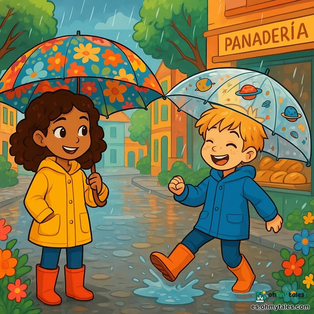 Hay 2 personajes principales: - Sofía: una niña de 10 años, con piel color miel, cabello rizado castaño y ojos brillantes. Lleva un abrigo amarillo vivo y sostiene un gran paraguas colorido con motivos de flores. Está a la izquierda, sonriente, lista para comenzar la aventura. - Tomás: un niño de 10 años, con piel clara, cabello rubio despeinado y pecas en la nariz. Lleva un abrigo azul y un paraguas transparente decorado con pegatinas de planetas. Está a la derecha de Sofía, riendo y saltando en un pequeño charco. El lugar donde ocurre la historia es un barrio animado, con casas de fachadas coloridas, árboles de hojas verdes brillantes y adoquines mojados que reflejan la luz. Se puede ver una panadería con una vitrina llena de panes dorados y pasteles apetitosos. Las gotas de lluvia caen suavemente, creando círculos en los charcos. La situación principal muestra a Sofía y Tomás, alegres y determinados, preparándose para entregar panes y pasteles a las personas mayores del barrio. Están rodeados de flores brillantes y risas, ilustrando la belleza de la amistad y la diversidad bajo la lluvia.