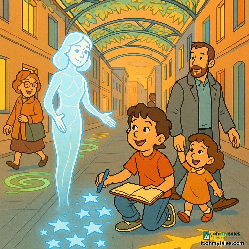 Un ragazzo di 10 anni, Nilo, viso rotondo e capelli castani arruffati, accovacciato con un taccuino e una matita magnetica mentre disegna forme luminose sul pavimento; MIRA, un mediatore digitale olografico femminile fatto di linee azzurro pallido e bianco perlaceo, traslucida e sorridente, fluttua a un metro da terra proiettando le forme; una bambina di circa 6 anni dai capelli ricci tiene la mano del padre e guarda incantata le stelle azzurre proiettate; il padre, circa 35 anni, barba corta e cappotto grigio, cammina verso destra seguendo le stelle con espressione sollevata; una donna di circa 60 anni con occhiali tondi e borsa sorride e cambia direzione per seguire i cerchi verdi; luogo: Pergola 7, una larga via sospesa con passerelle trasparenti, palazzi lisci e finestre colorate, archi di pergole metalliche coperti da foglie sintetiche luminose che diffondono neon morbidi; sul pavimento proiezioni nette di una scia di stelle azzurre, cerchi verdi rotanti e frecce gialle luminose che formano percorsi distinti, luce con grana da proiettore e riflessi sul selciato liscio; atmosfera serena e gioiosa di sera dorata, colori vividi ed espressioni calde.