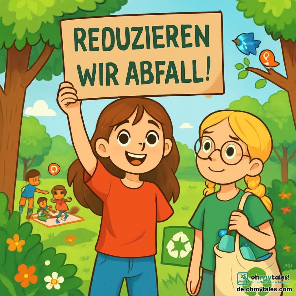 Ein 10-jähriges Mädchen, Lena, mit langen braunen Haaren und neugierigen Augen, steht inmitten eines grünen Parks, umgeben von leuchtenden Blättern und bunten Blumen. Sie hat ein entschlossenes Lächeln auf ihrem Gesicht und hält ein großes Kartonschild mit der Aufschrift "Reduzieren wir unseren Abfall!". Neben ihr steht ihre beste Freundin Mia, ebenfalls 10 Jahre alt, mit geflochtenen blonden Haaren und runden Brillen, die das Schild bewundernd betrachtet. Sie trägt ein grünes T-Shirt und Shorts und hält eine Stofftasche voller zu recycelnder Plastikflaschen. Im Hintergrund ist der Park belebt, mit Familien, die ein Picknick auf dem Gras genießen, Kindern, die Ball spielen, und Vögeln, die in den Bäumen singen. Die Hauptsituation zeigt Lena und Mia, voller Energie und Begeisterung, die Passanten auf die Bedeutung des Recyclings aufmerksam machen, mit bunten Plakaten und einladenden Lächeln.