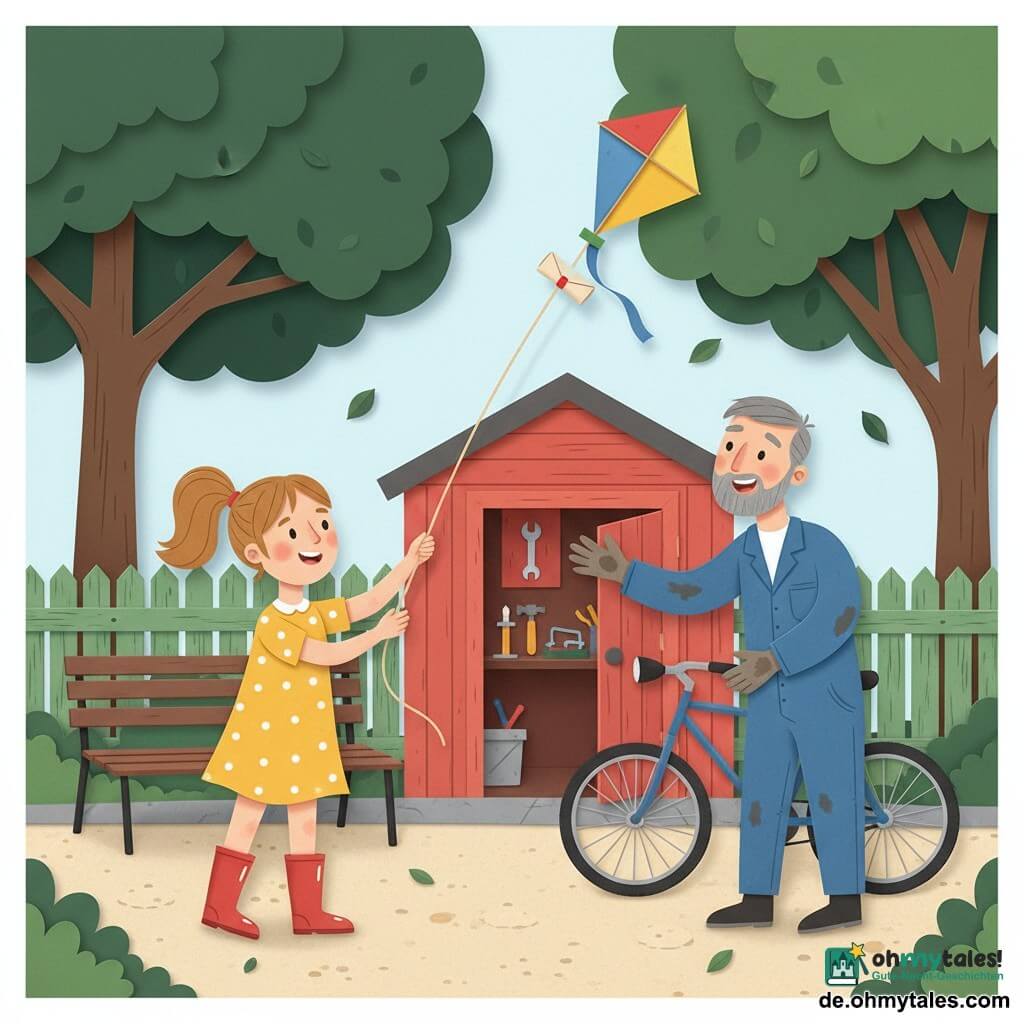 Ein 10-jähriges Mädchen mit hellbraunem Pferdeschwanz, gelbem Kleid mit weißen Punkten und roten Gummistiefeln, entschlossener, lächelnder Blick, hält eine beige Schnur und lässt vorsichtig einen bunten Papierdrachen mit einem an einem Holzstab befestigten Briefrollen landen; ein etwa 40-jähriger, burschikoser Mann mit kurzem grauen Bart, blauer Arbeitsjacke und ölverschmierten Händen steht vor einer kleinen Holzwerkstatt und repariert ein Fahrrad, blickt überrascht und glücklich auf und streckt die Hand aus, Szene in einem Vorstadtpark mit hellem Kiesboden, alter grüner Holzzaun, zwei Bäume mit dunkelgrünen Papierblättern, einer braunen Schmiedeeisenbank und einer roten Werkstatt im Hintergrund, der Drachen sinkt gerade vor dem Mann, die Schnur diagonal gespannt, ein glänzendes blaues Band am Stab, einige Papierblätter wirbeln herum, helle, klare Stimmung mit sichtbaren Karton-/Papiertexturen.