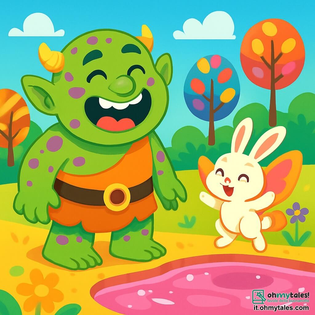 Un orco gioioso con una pelle verde brillante e macchie viola, con grandi occhi scintillanti di curiosità, si trova al bordo di un lago di gelatina luccicante. Ride di cuore, le sue guance rotonde e rosa si illuminano di felicità. Accanto a lui, un coniglio piccolo con ali di farfalla, con pelliccia bianca e occhi brillanti, salta allegramente, pronto a partecipare alla competizione di tuffi. Sullo sfondo, alberi con foglie a forma di caramelle e fiori colorati danzano al ritmo del vento, creando un'atmosfera magica e incantevole. La scena rappresenta una giornata piena di risate e amicizia, dove l'orco e i suoi amici si preparano a tuffarsi nel lago di gelatina per un'avventura divertente.