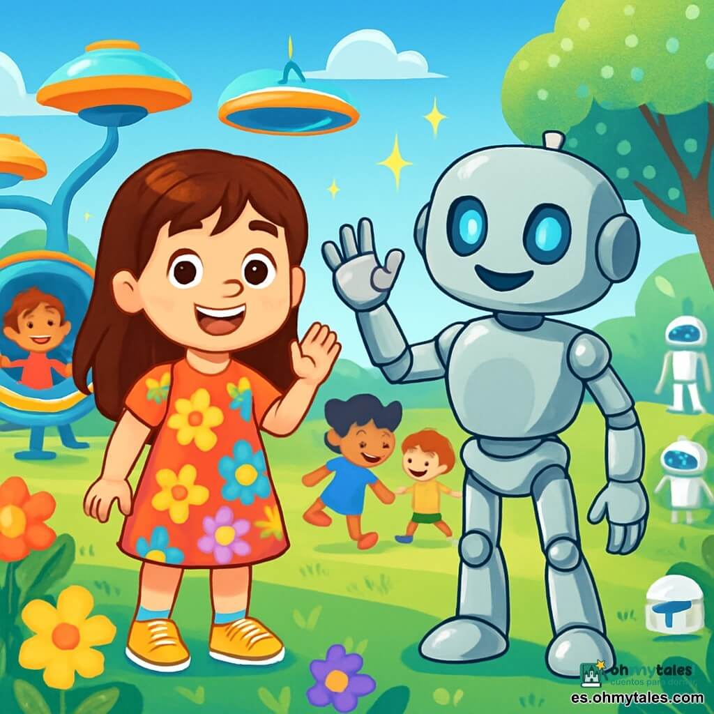 Una niña de 6 años, Lucía, con largos cabellos castaños y ojos llenos de curiosidad, sonríe alegremente mientras saluda a un grupo de niños en un parque futurista. Lleva un vestido colorido con estampados de flores y zapatillas brillantes. A su lado, un robot llamado Manos, de forma humanoide, con un cuerpo plateado y ojos luminosos, hace gestos amistosos para atraer la atención de los niños. El parque está lleno de flores multicolores, juegos futuristas flotantes y árboles con hojas brillantes, bajo un cielo azul radiante. Los niños juegan alrededor de un área de juegos, riendo y corriendo, mientras que robots de seguridad los cuidan. La escena principal muestra a Lucía y Manos ayudando a los niños a seguir las reglas del juego, creando una atmósfera alegre y armoniosa en este jardín mágico.