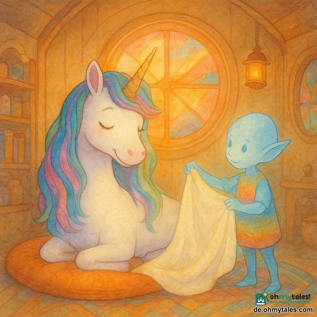 Lumina, eine weibliche Einhorn, wirkt glücklich und gelassen: perlmuttweißes Fell, lange mehrfarbige Mähne (Blau, Rosa, Grün), feine goldene Hornspirale und große sanfte Augen, sie sitzt auf einem samtigen Kissen, den Kopf geneigt und mit leicht verträumtem Lächeln; daneben steht Klaro, ein kleiner durchscheinender Koboldjunge mit leicht bläulicher Haut und spitzen Ohren in einfacher regenbogenfarbener Kleidung, der eine leuchtende Decke zärtlich über sie legt; Schauplatz ist das runde, warme Kupferhaus der Klarheit mit hellen Holzwänden, ovalen Buntglasfenstern, orangenen Sonnenstrahlen durch Regenbogenmuster, lebhaftem Geometrieteppich, kupfernen Lampen und Regalen mit Büchern und Gläsern; Szene: ruhiger Abendmoment mit warmen Pastell- und Kupfertönen, unscharfen Aquarelltexturen, gedämpftem Licht und kupfernen Reflexen auf dem durchs Fenster sichtbaren Dach; Stil: Aquarellillustration, weiche Linien, pastell-cuprée Palette, märchenhafte, beruhigende Atmosphäre, Komposition zentriert auf Einhorn und Kobold.