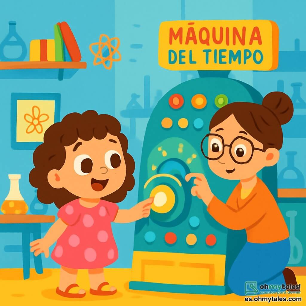 Una niña de 4 años, llamada Luna, con grandes ojos brillantes y cabello rizado, lleva un vestido rosa con lunares y sandalias amarillas. Ella está asombrada y sonriente, de pie frente a una máquina del tiempo con luces centelleantes. A su lado, su tía Sofía, una mujer de unos 30 años con gafas redondas y cabello castaño recogido en un moño, ajusta los botones de la máquina mientras mira a Luna con una sonrisa alentadora. El laboratorio está lleno de instrumentos científicos coloridos, libros abiertos y tubos de ensayo, con paredes pintadas de azul claro y estanterías cargadas de curiosidades. En esta escena, Luna presiona un botón luminoso de la máquina, lista para vivir una increíble aventura en el tiempo.