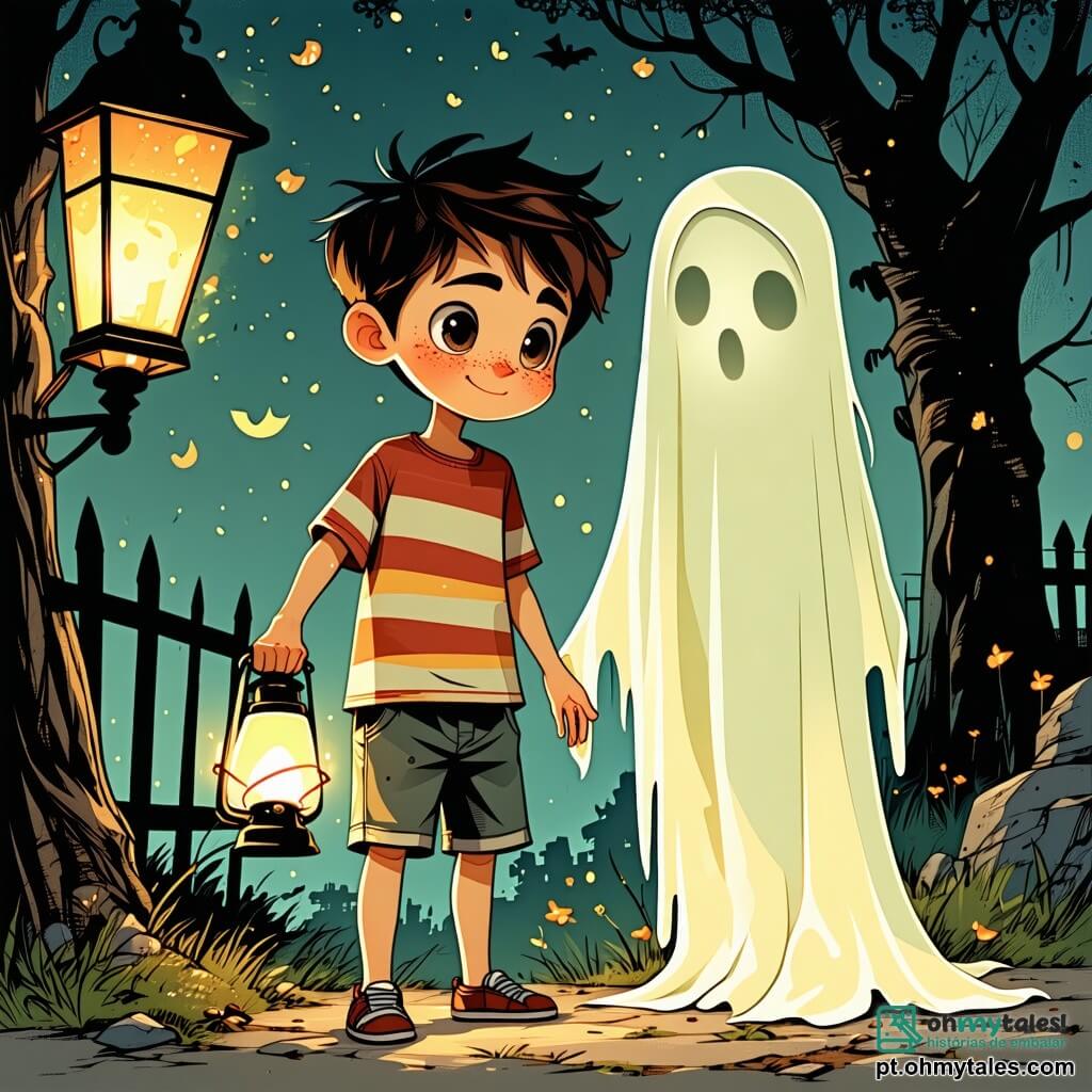Um garoto de 12 anos, Lucas, está no centro da imagem, com cabelos castanhos bagunçados e olhos arregalados de maravilha e medo. Ele usa uma camiseta listrada e um short, segurando uma lanterna que ilumina seu rosto, revelando uma expressão de determinação misturada com apreensão. Ao seu lado, uma garota fantasmagórica chamada Clara, com cerca de 11 anos, aparece com cabelos longos e flutuantes, vestida com um vestido antigo, translúcido e levemente luminoso. Ela olha para Lucas com um sorriso encorajador, sua mão estendida em sua direção, como se quisesse lhe dar coragem. O cenário é uma velha casa abandonada, com paredes de madeira deterioradas, janelas quebradas que deixam passar sombras inquietantes e teias de aranha pendendo dos cantos. O chão está coberto de poeira e detritos, enquanto uma luz misteriosa emana do único objeto brilhante na sala: um amuleto colocado sobre uma velha mesa de madeira. A cena principal mostra Lucas levantando a lanterna, iluminando o rosto de Clara, enquanto eles estão no velho salão, cercados pela escuridão ameaçadora da casa. Uma sombra indistinta se perfila atrás deles, adicionando um toque de mistério e suspense à cena.
