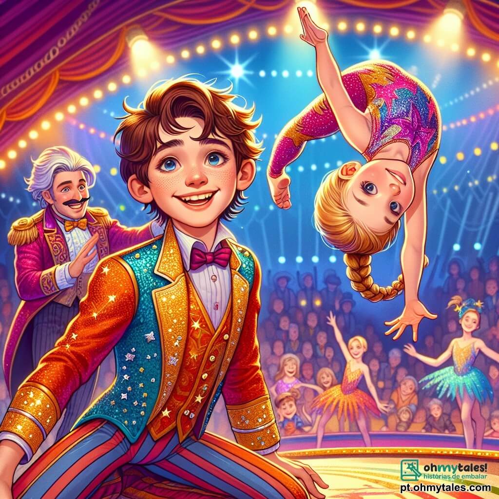 Um garoto de 12 anos, Lucas, com cabelos castanhos bagunçados e um grande sorriso, está no centro do palco do circo. Ele veste um traje de acrobata colorido, com estrelas brilhantes, e faz uma pirueta desajeitada, com os braços abertos e o rosto iluminado pela excitação e um toque de nervosismo. À sua direita, uma menina de 11 anos, Sofia, com cabelos loiros trançados e um olhar concentrado, executa uma figura acrobática impressionante, flutuando no ar com graça. Ela usa um collant cintilante e parece incentivar Lucas com um sorriso amigável. Ao fundo, o diretor do circo, um homem de cerca de cinquenta anos, com um chapéu alto e um traje extravagante, observa a cena com um ar divertido, pronto para aplaudir os esforços de Lucas. O local é um picadeiro vibrante, cheio de luzes coloridas e decorações brilhantes, com espectadores maravilhados nas arquibancadas, aplaudindo e rindo. A situação principal mostra Lucas, no meio de sua primeira apresentação, tentando realizar uma acrobacia enquanto cai de maneira cômica, provocando risos e aplausos do público, ilustrando a magia e a alegria do circo.
