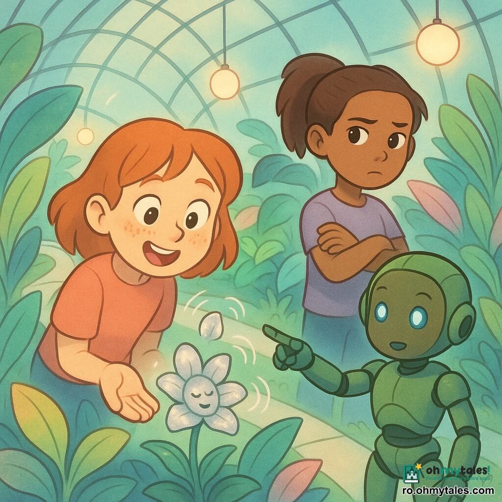 Imagine pentru o poveste ilustrată pentru copii (stil bandă desenată blând): două fete de 10 ani — Mara, față rotundă cu pistrui, ochi mari curioși și zâmbet uimit, ține delicat o petală argintie în palmă, și Iulia, coadă de cal brună, privire precaută și brațele încrucișate, stă puțin în spate și privește; în urma lor plutește un robot-ghid verde, de mărimea unui copil de 8 ani, cu carapace netedă și ochi albaștri luminoși, indicând o alee de plante cu un braț articulat; totul se petrece într-un dom transparent, alei de sticlă curbate, plante cu frunze mari în nuanțe de smarald, turcoaz și roz pastel, lampioane rotunde emitând o lumină caldă; în centru o floare argintie cu petale sclipitoare zâmbește și emite unde sonore vizibile, iar atmosfera e calmă, magică și plină de mirare.