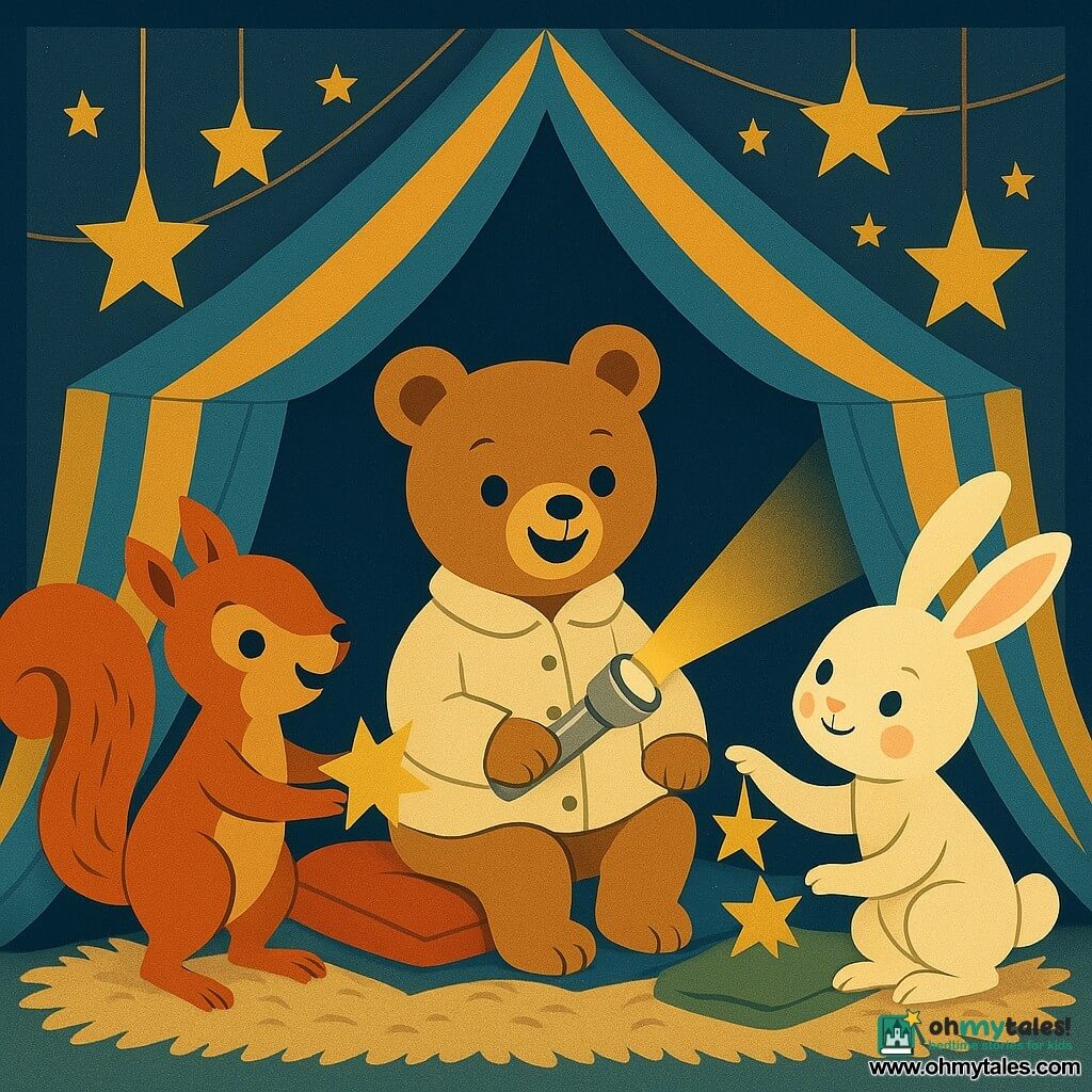 A light-brown teddy bear child in a cream wool coat sits inside a small blue-and-yellow striped play tent, holding a silver flashlight that casts a warm beam and starry shadows on the inner walls; a white bunny child with pink cheeks and soft long ears crouches at the tent entrance on the right, smiling and offering a paper-star garland, while a red squirrel child with a bushy tail stands to the left holding cut paper stars as the three friends discover the flashlight and warmly decorate the tent together, on a beige fur rug with red, blue and green cushions.