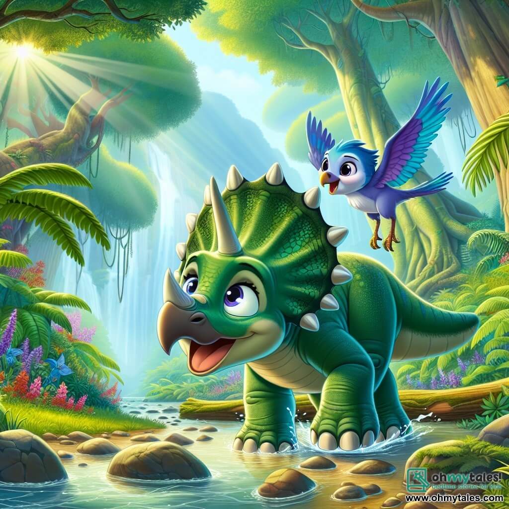 In the center of the image, a young triceratops named Trixie, with a sturdy body and shiny green scales, expresses great curiosity with her bright sparkling eyes. Her three horns are clearly visible as she joyfully stands by a stream, her feet in the water, ready to explore. Beside her, a small Microraptor named Flap, with vibrant blue feathers and an enthusiastic smile, hovers slightly above the ground, wings spread, looking at Trixie with excitement. The setting is a lush jungle filled with large ferns, colorful flowers, and majestic trees reaching towards the sky, creating a magical and welcoming atmosphere. In the background, a sunbeam breaks through the foliage, illuminating the sparkling stream. The main scene shows Trixie and Flap discovering a path of shiny stones leading to a secret clearing filled with vibrant flowers and a large ancient tree, where they are about to embark on a new adventure together.