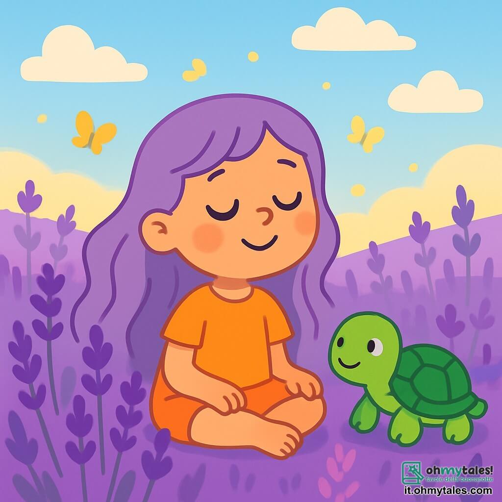 Una bambina di nome Viola, con lunghi capelli ondulati color lavanda e un sorriso dolce, è seduta in un campo di lavanda. Respira profondamente, gli occhi chiusi, circondata da fiori viola che danzano dolcemente al vento. Accanto a lei, Tina la tartaruga, una piccola tartaruga con un guscio verde brillante, guarda Viola con uno sguardo tranquillo e sereno. Avanza lentamente, le zampe poggiate sul terreno morbido, condividendo questo momento di calma. Il luogo è un vasto campo di lavanda, immerso in una luce dorata, con un cielo azzurro chiaro punteggiato di nuvole bianche. I fiori vibrano di colori vivaci, creando un quadro pacifico e incantevole. La scena principale mostra Viola e Tina, immerse in un'atmosfera di relax, respirando insieme, circondate da farfalle di luce che danzano attorno a loro, creando un'atmosfera magica e serena.