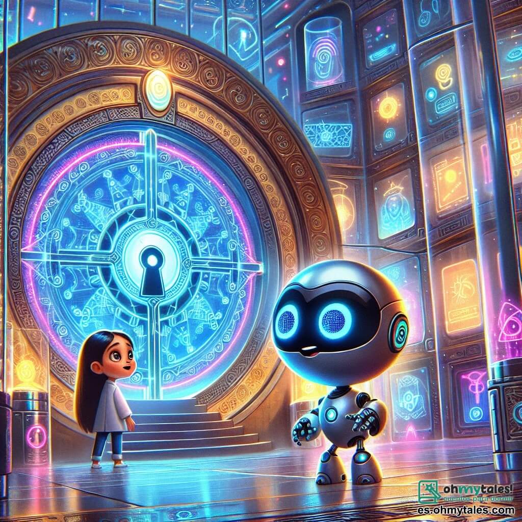 Zorbi, un pequeño robot esférico con ojos brillantes y luces de neón coloridas, expresa una gran curiosidad y emoción mientras se encuentra frente a dos grandes puertas adornadas con símbolos misteriosos, listo para abrirlas. A su lado, Lía, una joven con cabello brillante como hilos de luz, observa con asombro, su rostro radiante de entusiasmo, sosteniendo una herramienta de bricolaje en sus manos. El decorado es un centro de tecnología futurista, con paredes de vidrio transparente, hologramas flotantes y máquinas brillantes que zumban a su alrededor, creando una atmósfera vibrante y dinámica. La escena principal muestra a Zorbi desactivando la cerradura de las puertas, mientras Lía lo anima con una sonrisa, ambos ansiosos por descubrir los secretos ocultos detrás de esas puertas misteriosas.