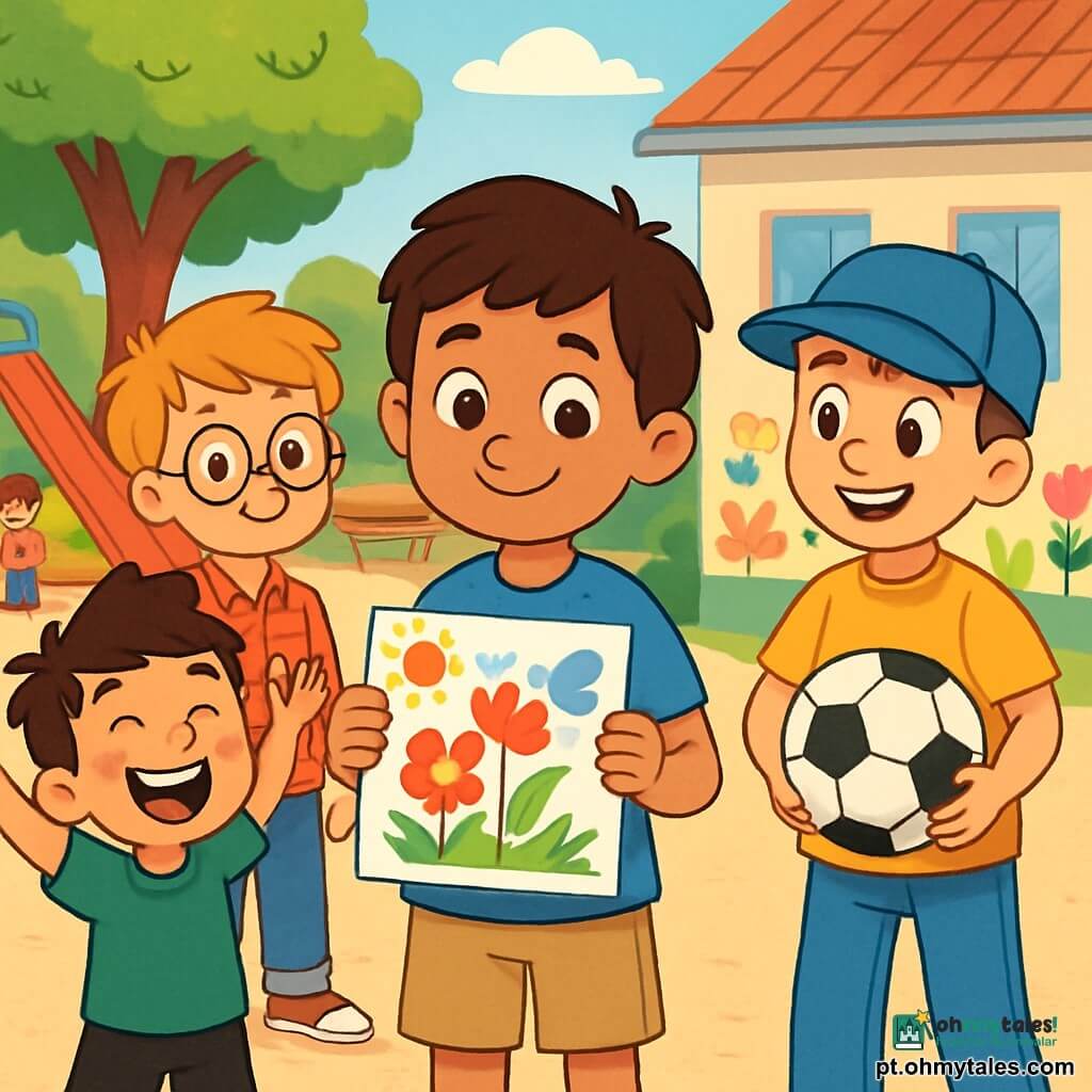 Há 4 crianças: - Amir: um menino de 7 anos, com cabelo castanho e olhos curiosos. Ele usa uma camiseta azul e um short bege, está no centro com um sorriso tímido, segurando um desenho colorido. - Tomás: um menino de 7 anos, com cabelo loiro e óculos redondos. Ele veste uma camisa xadrez vermelha e jeans, um pouco atrás, olhando para Amir com um ar encorajador. - Miguel: um menino de 7 anos, com cabelo negro e sardas. Ele usa uma camiseta verde e um short preto, à esquerda de Amir, levantando os braços, pronto para brincar. - Pedro: um menino de 7 anos, com cabelo castanho e um boné azul. Ele veste uma camiseta amarela e calças de tecido, à direita de Amir, sorrindo e segurando uma bola de futebol. O cenário é um pátio escolar ensolarado, cercado por grandes árvores verdes, com o chão coberto de cascalho e desenhos coloridos nas paredes, representando flores e animais. Ao fundo, há um pequeno escorregador e bancos de madeira onde outras crianças brincam e conversam. A situação principal mostra os quatro amigos reunidos, prontos para acolher Amir em seu grupo, rindo juntos e compartilhando desenhos e jogos, simbolizando amizade e solidariedade, em uma atmosfera alegre e calorosa que ilustra a importância da ajuda mútua e compreensão.