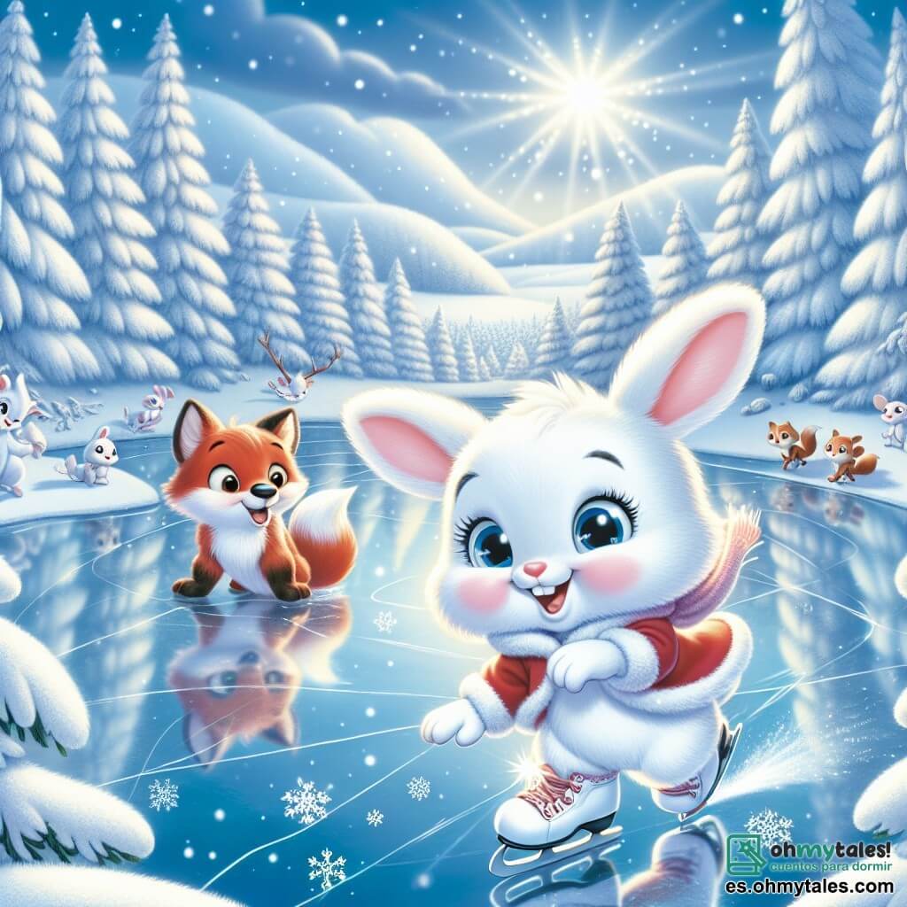 Un pequeño conejo blanco llamado Baltasar, con grandes ojos brillantes y orejas largas, se desliza alegremente sobre un lago helado, su pelaje brillando bajo el sol invernal. Muestra una amplia sonrisa, sus mejillas rosas delatan su emoción. Cerca de él, su amigo Nico el zorro, con su pelaje rojo brillante y cola espesa, lo anima riendo, sus ojos chispeantes de alegría, mientras intenta mantener el equilibrio sobre sus propios patines. El paisaje es un hermoso entorno invernal, con árboles cubiertos de nieve, copos cayendo suavemente del cielo azul claro y colinas blancas a perder de vista. El lago helado brilla como un espejo, reflejando la luz del sol, mientras que animales del bosque se reúnen para admirar la escena. Baltasar y Nico se divierten juntos sobre el hielo, descubriendo las alegrías del patinaje y compartiendo risas, rodeados de la magia del invierno.