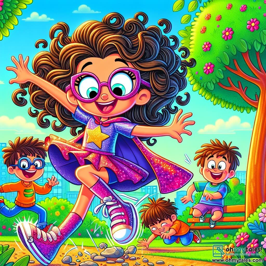 Super Sally, a heroic woman with curly, shiny hair, wears a sparkling cape and squeaky shoes. She has a big joyful smile on her face, her eyes sparkling with mischief as she enthusiastically jumps in the park. Nearby, Wobble, a 10-year-old boy with round glasses and messy hair, tries to jump but stumbles over a small pebble, showing a surprised and amused expression. Tumble, a 9-year-old girl with braids and a colorful t-shirt, laughs while trying to help him up, her eyes shining with joy. Fumble, an 11-year-old boy with an oversized hat, stands a bit apart, laughing at the situation. The park is filled with greenery, with trees boasting bright green leaves and colorful flowers dancing in the wind. Children play on swings and slides under a clear blue sky. The main scene shows Super Sally teaching the Clumsy Trio how to jump joyfully, all laughing together, as bursts of laughter and sparkles float in the air, creating a festive and lively atmosphere.
