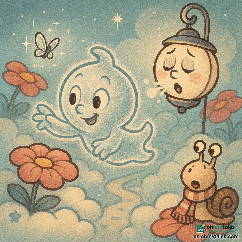 El protagonista es Brilli, un pequeño fantasma redondo, translúcido y tierno, curioso y sonriente, que extiende sus manos hacia una chispa volante parecida a una diminuta mariposa de plata sobre una nube; al fondo hay una linterna lunar antropomórfica de cara redonda, ojos cansados y boca que estornuda, con un brillo pálido y moteado; en primer plano un caracol con una larga bufanda a rayas sobre un pétalo de flor-nube observa sorprendido; escenario: Jardín de Nubes con almohadones de nubes, flores de grandes "sombreros" coloridos, senderos de niebla y estrellas diminutas; ambiente suave, colores pastel (azul cielo, rosa empolvado, plata), luces tenues y estilo cartoon cálido y redondeado.