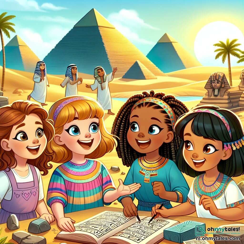 Vier negenjarige meisjes staan samen in een zonnig Egyptisch landschap. Lisa, een meisje met bruin, krullend haar, draagt een kleurrijke jurk en glimlacht enthousiast. Naast haar steekt Emma, een meisje met blond, steil haar, haar armen in de lucht om haar vreugde te uiten. Noor, een meisje met zwart, gevlochten haar, kijkt nieuwsgierig naar een oud papyrus, terwijl Samira, een meisje met kastanjebruin, krullend haar, aantekeningen maakt in een klein notitieboekje. Op de achtergrond torenen de majestueuze piramides onder een stralende blauwe lucht, omringd door weelderige palmbomen en gouden zandduinen. Egyptische arbeiders in tunieken werken aan de bouw van een piramide, met houten gereedschap en stenen. De hoofdscene toont de vier vriendinnen die in gesprek zijn met een jonge Egyptenaar genaamd Amir, die hen helpt de farao te overtuigen de bouw van de piramide te veranderen om een ramp te voorkomen. De opwinding en vastberadenheid op hun gezichten illustreren het belang van hun missie in de tijd.