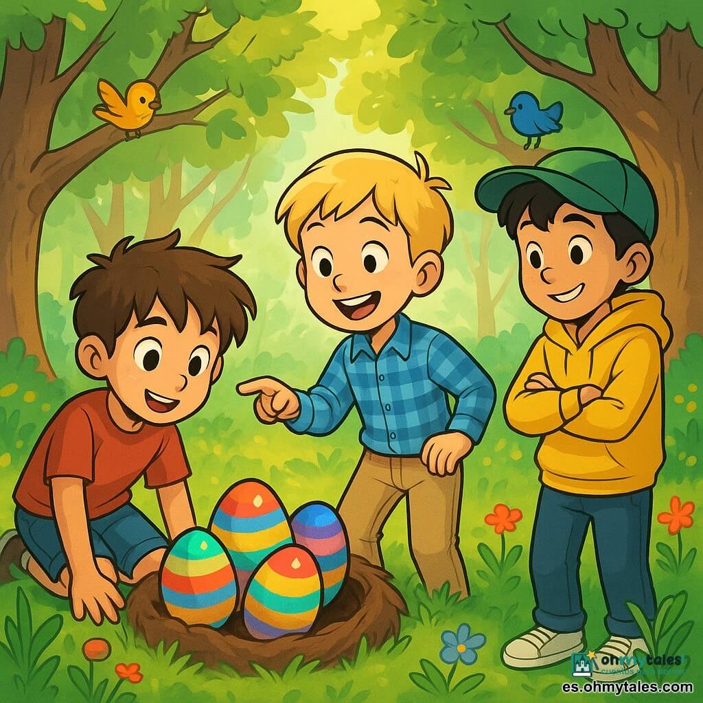 Hay 3 personajes: - Lucas: un niño de 8 años, con cabello castaño desordenado y ojos llenos de curiosidad. Lleva una camiseta roja y un pantalón corto de mezclilla, y está agachado cerca de una madriguera, observando unos huevos coloridos con asombro. - Nicolás: un niño de 7 años, con cabello rubio y mejillas sonrosadas. Lleva una camisa de cuadros azul y un pantalón beige. Está de pie junto a Lucas, señalando un huevo brillante con una gran sonrisa. - Joel: un niño de 9 años, con cabello negro y una gorra verde. Lleva un sudadera amarilla y zapatillas blancas. Está un poco apartado, con los brazos cruzados, mirando a sus amigos con emoción. La escena se desarrolla en un pequeño bosque encantado, lleno de grandes árboles con troncos retorcidos y flores silvestres coloridas. Los rayos de sol se filtran a través del follaje, creando patrones luminosos en el suelo. En el centro, hay una gran madriguera rodeada de huevos de Pascua de colores vivos, como arcoíris sobre la hierba verde. La situación principal muestra a los tres amigos descubriendo huevos de Pascua brillantes y coloridos, con una nota misteriosa al lado, en un ambiente mágico y alegre. Los pájaros cantan a su alrededor, añadiendo una melodía a esta aventura primaveral.