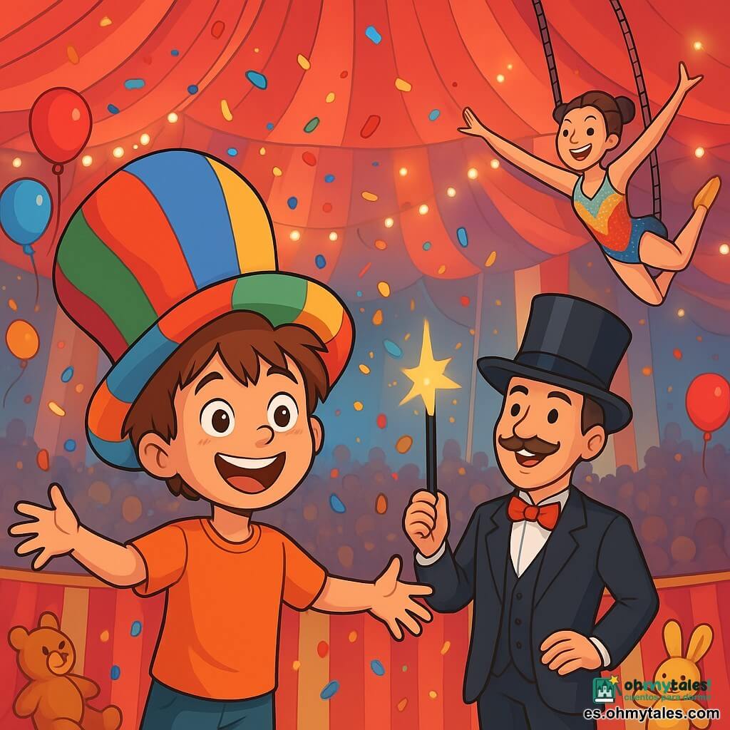 Un niño de 8 años, Lucas, con el cabello castaño desordenado y una gran sonrisa maravillada, lleva un enorme sombrero de payaso multicolor que casi le tapa los ojos. Está de pie en un escenario de circo, con los brazos abiertos, rodeado de confeti que cae del cielo, mostrando una expresión de alegría y emoción. A su lado, un mago de gran sombrero negro y bigote cuidado, de unos 40 años, sostiene una varita mágica brillante y sonríe con orgullo. Un poco más lejos, una trapecista elegante, una joven de unos 25 años, vestida con un traje brillante y colorido, se prepara para saltar al aire, con los brazos extendidos, lista para realizar un número espectacular. El lugar es una gran carpa de circo, con rayas rojas y blancas, llena de luces brillantes y espectadores asombrados. Globos de colores flotan sobre las cabezas, y animales de peluche decoran los bordes del escenario. La situación principal muestra a Lucas, con el corazón latiendo, listo para participar en el gran número de magia, mientras marionetas de papel y estrellas brillantes bailan a su alrededor, creando una atmósfera mágica y alegre.