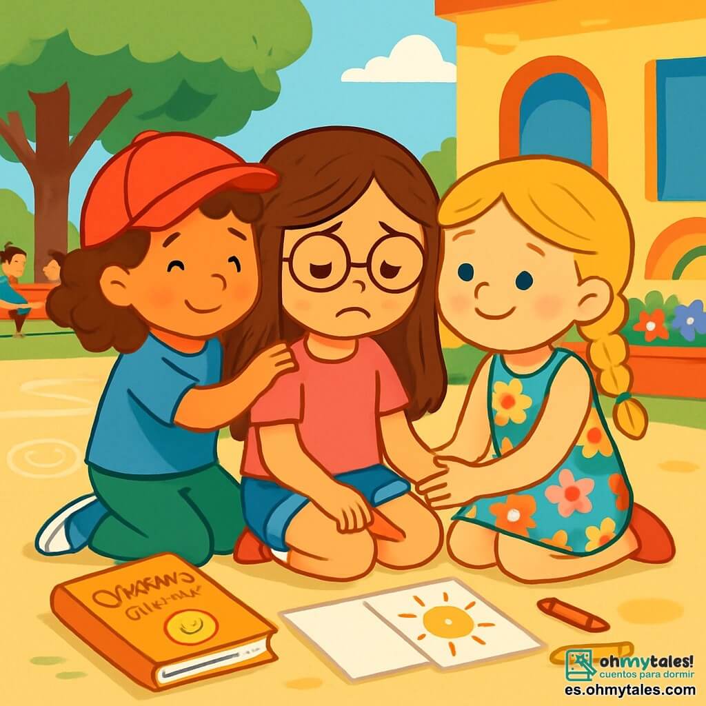 Hay 3 personajes: - Martina: una niña de 8 años, con cabello largo y castaño y gafas redondas. Lleva una camiseta rosa y un short de mezclilla. Está sentada en el suelo, con las piernas cruzadas y una expresión triste, sosteniendo un lápiz. - Sofía: una niña de 8 años, con trenzas rubias y una sonrisa cálida. Lleva un vestido de flores coloridas. Está al lado de Martina, tomándole la mano para consolarla. - Clara: una niña de 8 años, con cabello rizado y una gorra roja. Lleva una camiseta azul y pantalones verdes. Está detrás de Martina, dándole un abrazo amistoso para mostrarle su apoyo. El lugar es un patio escolar soleado, con paredes pintadas de colores vivos y dibujos de niños en el suelo. Hay árboles verdes alrededor y bancos de madera donde juegan otros niños. Flores multicolores crecen en jardineras. La situación principal muestra a Martina, triste y preocupada, rodeada de sus amigas que intentan consolarla. Las tres niñas están sentadas en el suelo, con lápices y hojas de papel, listas para crear un "cuaderno de los sentimientos" para expresar sus emociones juntas.