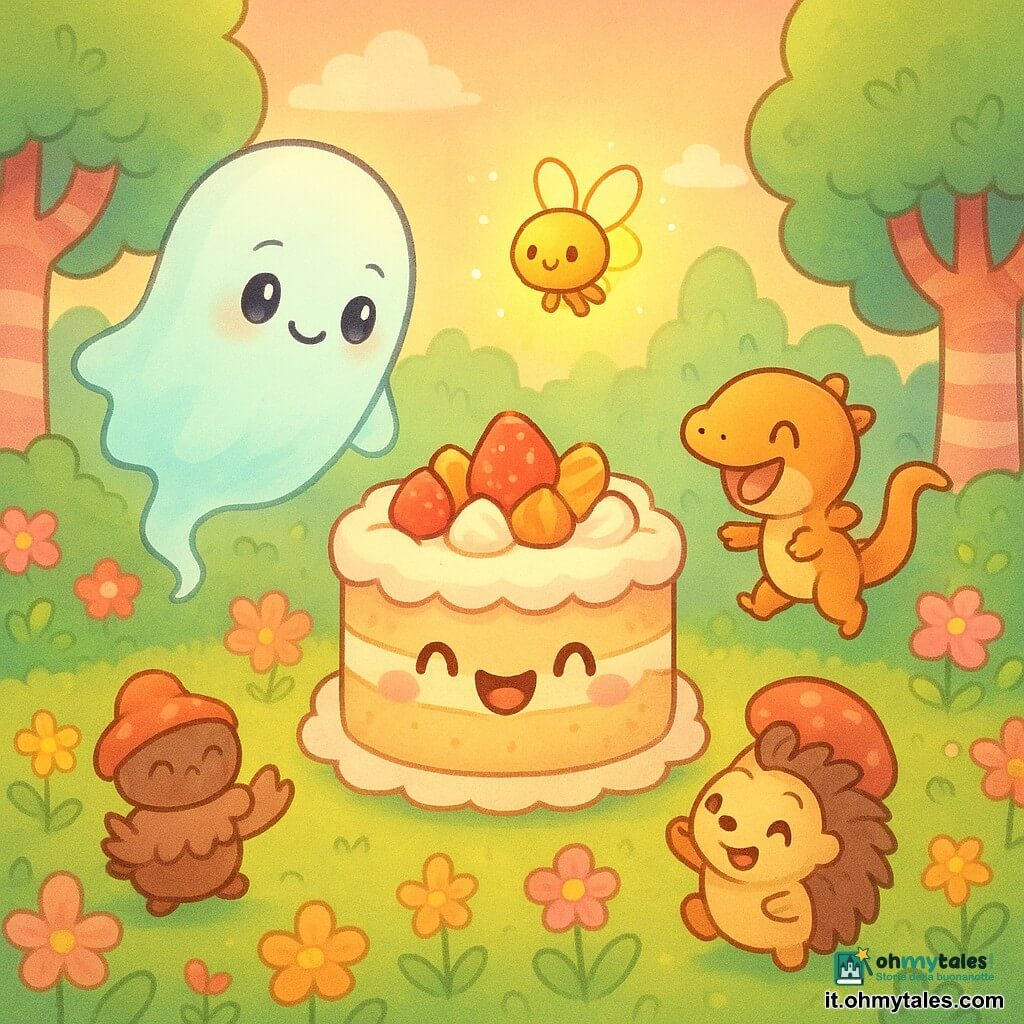 Un piccolo fantasma di nome Filo, con un sorriso timido e occhi scintillanti, fluttua gioiosamente nell'aria. Ha un aspetto traslucido ed etereo, con contorni morbidi e ondulati. Accanto a lui, Zizì, una lucertola dai baffi arancioni, saltella con entusiasmo. Tappo, un riccio con un cappellino a forma di fungo, rotola a terra ridendo. Brilla, una lucciola brillante, illumina la scena con la sua luce dolce e dorata. La scena si svolge in una radura incantata del Bosco dei Biscotti, circondata da alberi di zucchero e fiori colorati. Al centro, una grande torta decorata di crema e frutta danza gioiosamente, circondata da piccole creature del bosco che applaudono. L'atmosfera è festosa e magica, piena di colori vivaci e dettagli fantasiosi.