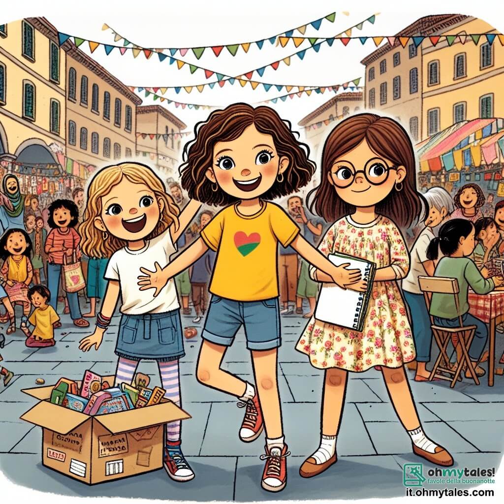 In una bella piazza animata, tre ragazze di undici anni si trovano al centro. Sofia, con capelli castani e ricci, indossa una maglietta gialla e un pantaloncino di jeans, sorridendo con entusiasmo mentre tiene un grande cartello colorato. Alla sua destra, Marta, con capelli biondi e lisci, è vestita con un abito a fiori, tenendo una scatola piena di giocattoli da regalare. A sinistra, Giulia, con capelli castani e occhiali, indossa una maglietta blu e jeans, tenendo un quaderno dove annota le storie delle persone che incontrano. La piazza è decorata con festoni colorati e tavoli pieni di cibo e vestiti da donare. Famiglie e bambini ridono e chiacchierano intorno a loro, creando un'atmosfera calda e gioiosa. Le tre amiche stanno organizzando una raccolta di cibo e vestiti per le famiglie bisognose, circondate da sorrisi e solidarietà, illustrando l'importanza dell'aiuto reciproco e della comunità.