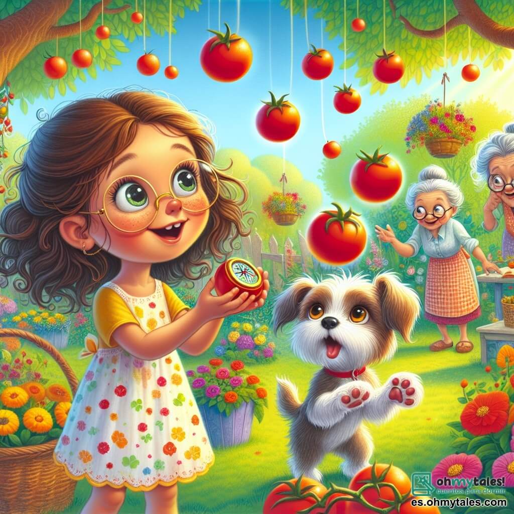 Una niña de 6 años, Lila, con largos cabellos rizados y ojos llenos de curiosidad, sostiene una brillante brújula dorada en sus manos. Sonríe y está llena de entusiasmo, en medio de un jardín colorido lleno de flores y verduras. A su lado, su perrito Pipo, un adorable cachorro de orejas grandes, salta alegremente, listo para atrapar un tomate que flota en el aire. En el fondo, la abuelita de Lila, una mujer mayor con cabello gris recogido y gafas, observa la escena sonriendo, sosteniendo un vaso de limonada. El jardín está soleado, con un gran árbol y tomates rojos flotando como globos, mientras gallinas danzan alrededor, añadiendo un toque de magia y humor. La situación principal muestra a Lila y Pipo, asombrados, mientras los tomates voladores descienden suavemente del cielo, creando una atmósfera alegre y lúdica.