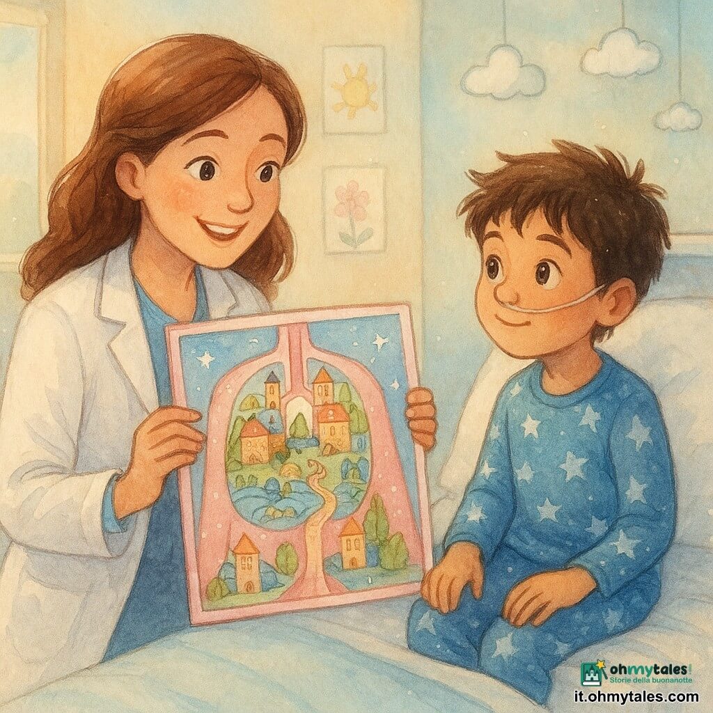 Una dottoressa con un volto benevolo e occhi scintillanti, indossa un camice bianco immacolato ed è accovacciata vicino a un letto d'ospedale. Tiene un poster colorato che rappresenta una città immaginaria all'interno del corpo umano. Un ragazzo di 7 anni, con capelli castani spettinati e occhi curiosi, è seduto sul letto, guardando il poster con meraviglia. Indossa un pigiama blu con motivi di stelle e ha una piccola cannula di ossigeno sul naso. La stanza d'ospedale è luminosa e accogliente, con pareti pastello decorate con disegni di bambini e mobili sospesi a forma di nuvole. La scena principale mostra la dottoressa che spiega con dolcezza il poster al ragazzo, creando un'atmosfera di calma e conforto.