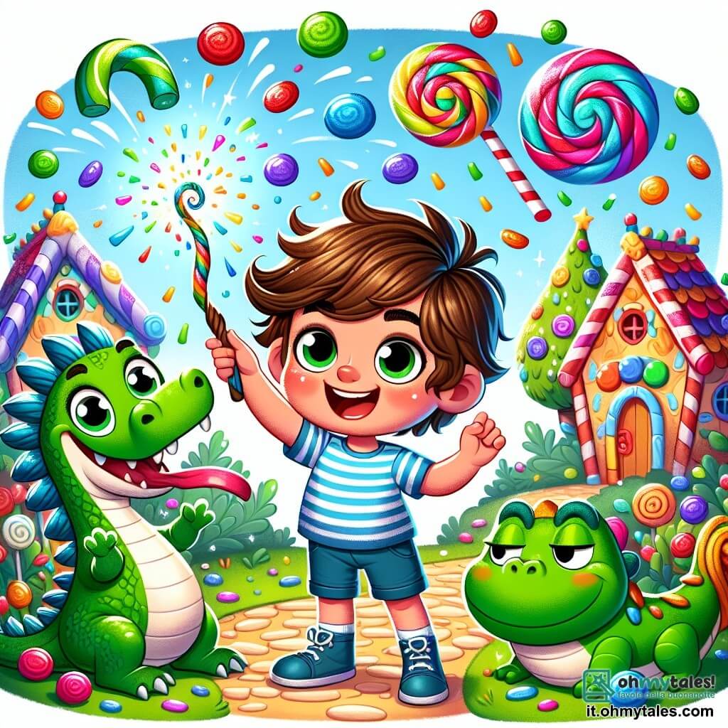 Un ragazzino di 2 anni, Pippo, con capelli castani disordinati e un grande sorriso malizioso, agita una bacchetta magica contorta, circondato da coriandoli colorati. Indossa una maglietta a righe e un pantaloncino blu, e i suoi occhi brillano di eccitazione. Accanto a lui, un drago verde con squame lucenti, grandi occhi assonnati e una piccola corona di carta, ronfa pacificamente. Più lontano, una rana blu con un piccolo cappello di paglia si stropiccia gli occhi, pronta a svegliarsi. La scena si svolge in un villaggio incantato, con case di caramelle dai tetti di zucchero filato e alberi con foglie scintillanti. Pippo, agitando la sua bacchetta, provoca una pioggia di caramelle colorate che cadono dolcemente sui personaggi addormentati, creando un'atmosfera gioiosa e ludica.