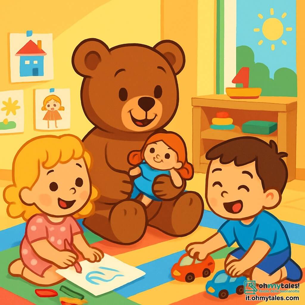Un orsetto di peluche di nome Leo, con un morbido pelo marrone e occhi scintillanti di gioia, è seduto su un tappeto colorato, tenendo una bella bambola tra le braccia. Sorride ampiamente, mostrando la sua felicità nel giocare. Accanto a lui, una bambina dai capelli biondi e ricci, vestita con un abito rosa a pois, disegna con colori, il suo viso radioso di entusiasmo. Un bambino dai capelli castani, indossando una maglietta blu e pantaloni corti, gioca con delle macchinine, ridendo di gioia. La scena si svolge in una classe luminosa, con pareti gialle e disegni di bambini appesi, scaffali pieni di giocattoli e una grande finestra che lascia entrare la luce del sole. I tre amici si divertono insieme, condividendo i loro giochi, illustrando l'idea che tutti i bambini possono giocare con ciò che li rende felici, senza preoccuparsi degli stereotipi.