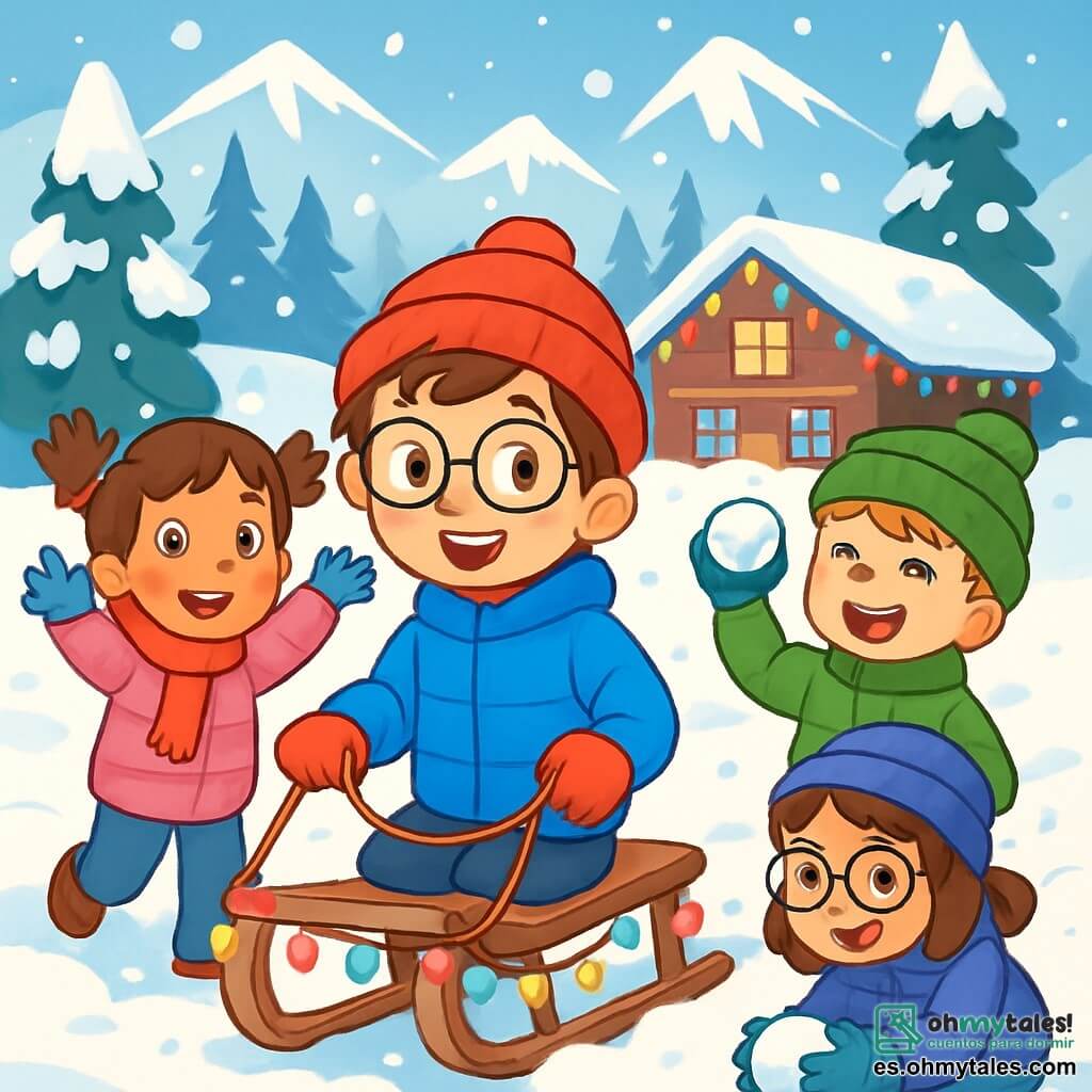 Hay 4 niños: - Martín: un niño de 10 años con cabello castaño desordenado y gafas redondas. Lleva un abrigo azul brillante y un gorro rojo. Está en el centro, sosteniendo un trineo decorado con guirnaldas de colores. - Lucía: una niña de 9 años con cabello largo y rizado, recogido en dos coletas. Lleva una bufanda roja y un abrigo rosa. Está a la izquierda de Martín, sonriendo y levantando los brazos. - Iván: un niño de 10 años con cabello rubio y pecas. Lleva un abrigo verde y un gorro de lana. Está a la derecha de Martín, riendo y sosteniendo una bola de nieve. - Carla: una niña de 9 años con cabello castaño y gafas. Lleva un abrigo morado y guantes amarillos. Está detrás de Martín, recogiendo nieve para hacer una bola. El lugar es una estación de esquí animada, con montañas nevadas al fondo, pinos cubiertos de nieve brillante y luces de colores que decoran el edificio de la cabaña. Caen copos de nieve suavemente, creando un ambiente festivo y alegre. La situación principal muestra a los niños divirtiéndose en la nieve, riendo y jugando con bolas de nieve, listos para participar en una carrera de trineos, rodeados de decoraciones festivas y un ambiente de año nuevo.