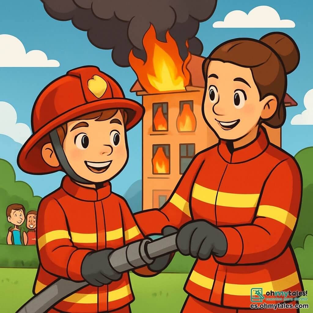 Lucas, un niño de 10 años, lleva un uniforme de bombero rojo brillante, con un casco reluciente en la cabeza. Su rostro expresa una determinación alegre y una ligera sonrisa, mientras sostiene una gran manguera con confianza. A su lado, Marta, una mujer de 30 años, es una bombera experimentada con el cabello castaño recogido en un moño. Ella mira a Lucas con orgullo, lista para ayudarlo en su misión. Al fondo, un edificio en llamas lanza nubes de humo negro al cielo azul, mientras que vecinos preocupados observan la escena. La situación principal muestra a Lucas y Marta preparándose para un rescate, con llamas en el edificio y niños mirando con admiración.