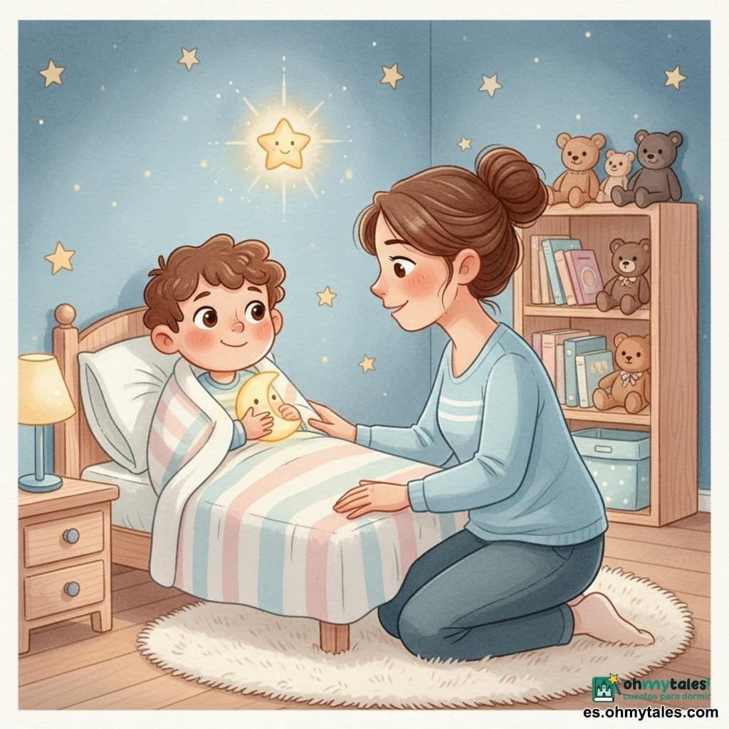 Niño de 4 años, rostro redondo, cabello castaño rizado, ojos grandes y brillantes, sonrisa tranquila, envuelto en un edredón de rayas pastel, sosteniendo una pequeña luz nocturna amarilla en forma de luna contra el pecho; su madre (30–35 años), cabello castaño recogido en un moño suelto, de rodillas junto a la cama con una mano sobre la manta y sonriendo al niño; una pequeña estrella dorada flotante con halo brillante sobre la cama como amigo protector imaginario; habitación infantil acogedora con paredes azul noche y pegatinas de estrellas, estantería de madera clara con peluches y libros, alfombra crema y luz nocturna cálida; escena calmada y reconfortante donde el miedo a la oscuridad se transforma en seguridad, contrastes cálidos (luz) y fríos (pared), estilo acuarela delicado con toques blancos para reflejos y destellos.