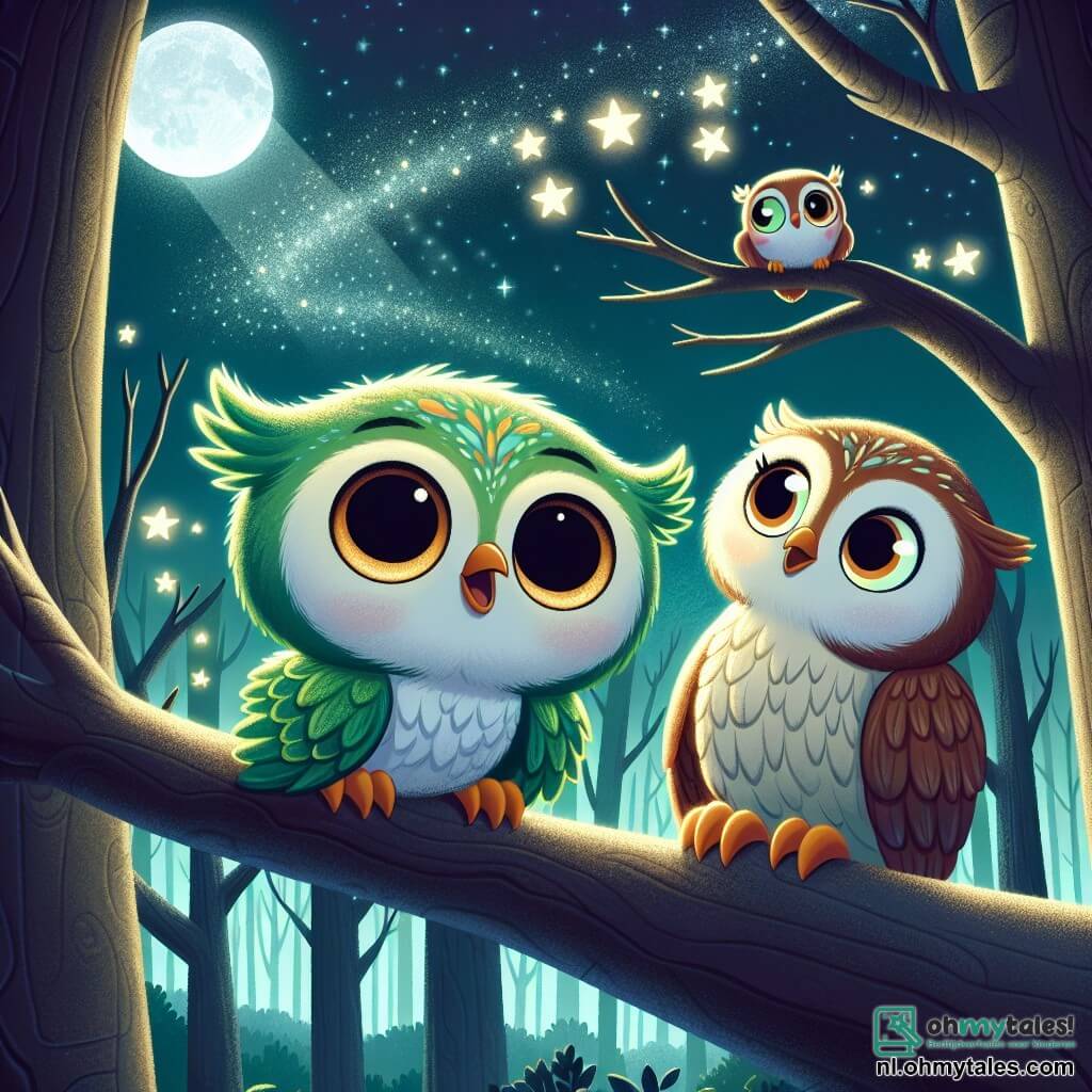 Ollie, een kleine uil met felgroene veren en grote ronde ogen, staat op een tak en kijkt met een nieuwsgierige en een beetje bange uitdrukking naar de sterrenhemel. Zijn vleugels zijn lichtjes opgevouwen en hij lijkt aarzeling te voelen, alsof hij zich afvraagt of hij in de onbekende nacht moet duiken. Dichtbij kijkt zijn mama, een elegante uil met zachte bruine veren, hem teder aan met een geruststellende glimlach. Ze zit op een lagere tak, klaar om hem te troosten, met ogen die stralen van liefde en begrip. De setting is een mooie nachtelijke bos, verlicht door het zilveren licht van de maan, met fonkelende sterren die de donkere lucht sieren. De silhouetten van de bomen vormen een magische en rustgevende sfeer. De hoofdactie toont Ollie, aarzelend maar vastberaden, terwijl hij de sterren telt om zijn angst voor het donker te overwinnen, terwijl zijn mama hem zachtjes aanmoedigt, wat een moment van tederheid en moed creëert onder de sterrenhemel.