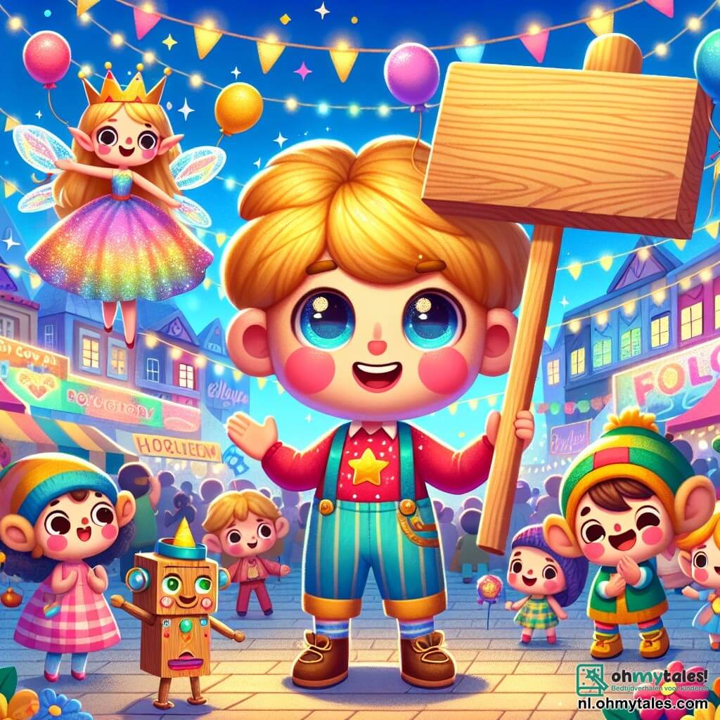 Pinocchio, een jonge houten jongen met gouden haar en sprankelende ogen, glimlacht breed met een enthousiaste uitdrukking. Hij draagt een felrode shirt en blauwe broek, terwijl hij een groot houten bord vasthoudt met de tekst "Kom je verhaal vertellen!" in het midden van een groot plein. Naast hem zweeft de Goede Fee, een vrouw van ongeveer 25 jaar in een glinsterende jurk in pastelkleuren, licht boven de grond met haar stralende vleugels die haar glimlach verlichten. Iets verderop applaudisseert een jongen genaamd Lampwick, ongeveer 10 jaar oud, met grote oren en een groene pet, vrolijk omringd door kleurrijke ballonnen. De locatie is een levendig plein, gevuld met kleurrijke bloemen, dansende robots en blije families, met wapperende vlaggen en fonkelende lichten die een feestelijke sfeer creëren. De hoofdsituatie toont Pinocchio en zijn vrienden die anderen aanmoedigen om hun dromen en verhalen te delen, waardoor een sfeer van vreugde en eenheid ontstaat, waar elke stem telt en elke glimlach het hart verlicht.