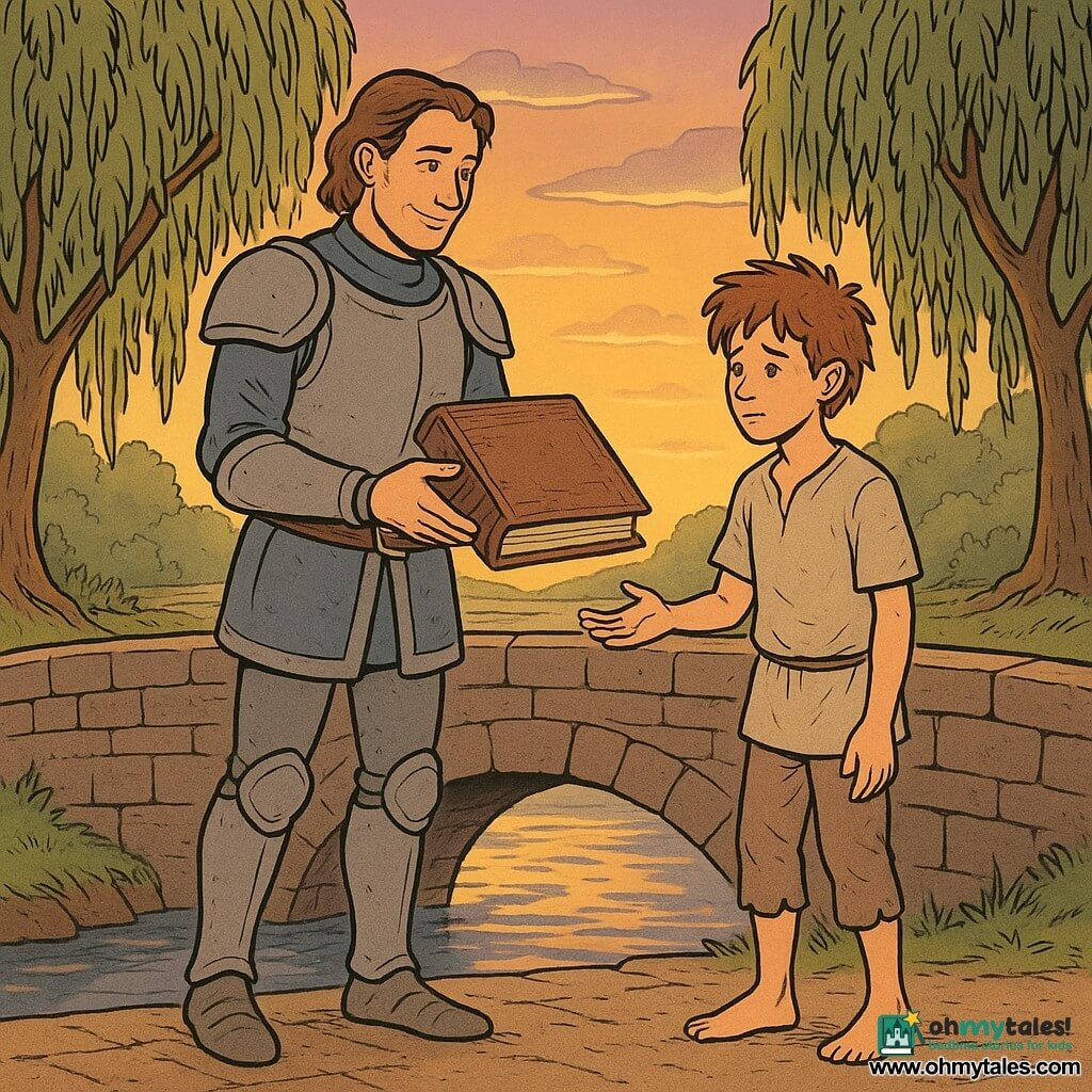 A knight named Sir Rowan Dreamer, a man in his thirties, stands on an ancient stone bridge. He has a serene and attentive expression, with gentle eyes and a slight smile. He wears elegant yet simple armor, without a helmet, and holds an ancient book bound in bark and reeds in his hands. Next to him, a young boy named Brin, about 12 years old, stands with an apologetic yet determined look. His hair is tousled, and he wears simple linen clothes, his bare feet touching the bridge's surface. The bridge is surrounded by weeping willows with branches gracefully falling towards the sparkling water below. The scene takes place at dusk, with golden and purple hues in the sky, reflecting newfound peace. The main situation shows Sir Rowan and Brin returning the Grimoire to the community, symbolizing the reconciliation and restored harmony between the locals and the canal guardians.