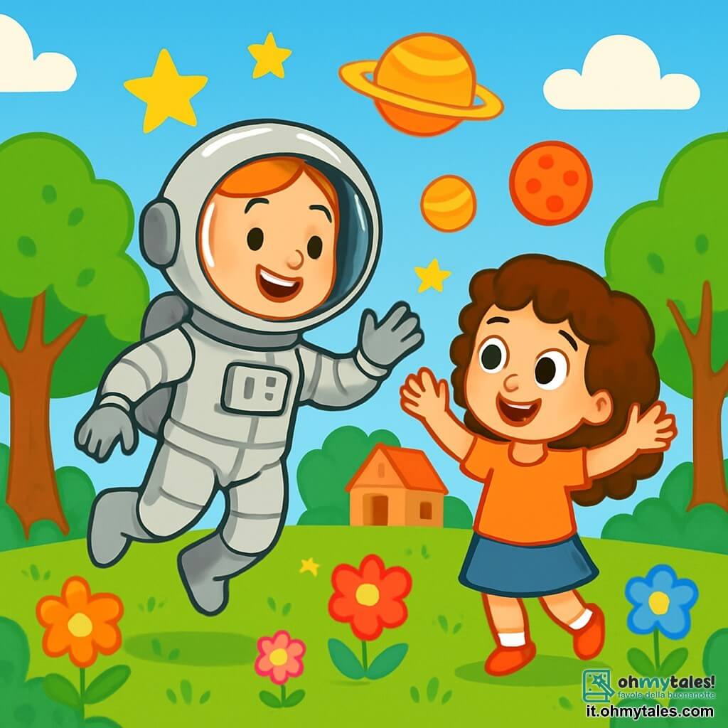 Un'astronauta donna, Sara, sorridente e piena di meraviglia, indossa una tuta spaziale argentata brillante, con un casco trasparente che mostra il suo viso gioioso. Fluttua leggermente nell'aria, circondata da piccole stelle scintillanti. Accanto a lei, una bambina di 7 anni, Chiara, con grandi occhi curiosi e capelli ricci castani, alza le braccia in aria, affascinata dalle storie dell'astronauta. Lo sfondo è un giardino verdeggiante, pieno di fiori colorati e alberi maestosi, sotto un cielo blu brillante punteggiato di nuvole bianche e soffici. In lontananza si intravede una piccola casa di legno. La scena principale mostra Sara che racconta le sue avventure nello spazio a Chiara, che l'ascolta con meraviglia, sognando di diventare astronauta a sua volta. Stelle brillanti e pianeti colorati fluttuano intorno a loro, aggiungendo un tocco magico a questa scena di amicizia e scoperta.