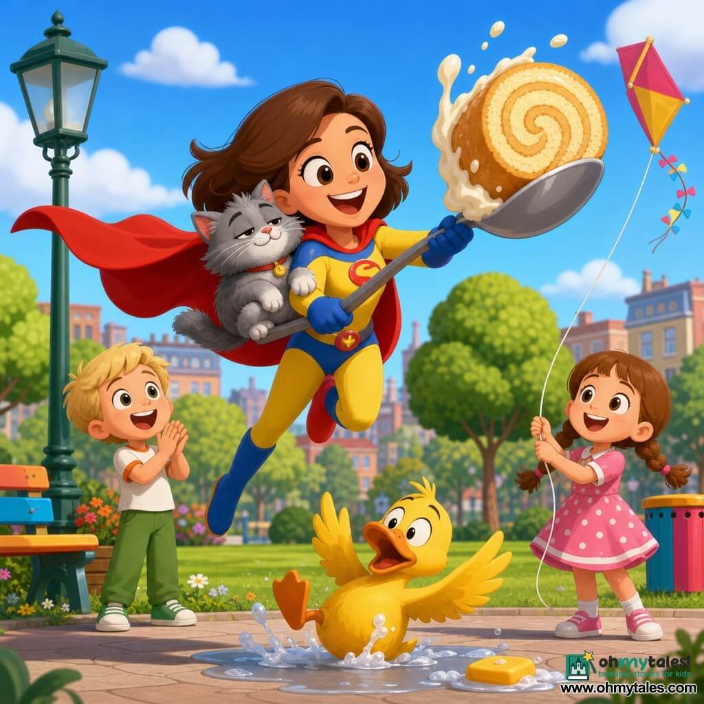 A smiling, joyful superheroine in a shiny red cape and yellow-and-blue suit, short brown hair and big round eyes, grabs a giant rolling cake with a huge spoon in a dynamic, cape-flying, mischievous pose; a blond 5-year-old boy in green pants applauds to the left with wonder, a 6-year-old girl in a pink polka-dot dress with pigtails holds a kite floating above to the right and smiles gratefully, a soft gray cat perches on the heroine's arm purring with a paw on the spoon, and a clumsy yellow duck near a soap puddle in the foreground looks surprised; sunny urban park with green lawn, painted wooden benches, stylized trees, an old lamppost, colorful bin, paved path and blurred colorful buildings in the background; main scene: comic moment as the giant cake rolls and cream splatters, children applaud, warm funny mood, bright colors, soft lighting, childlike reassuring style.