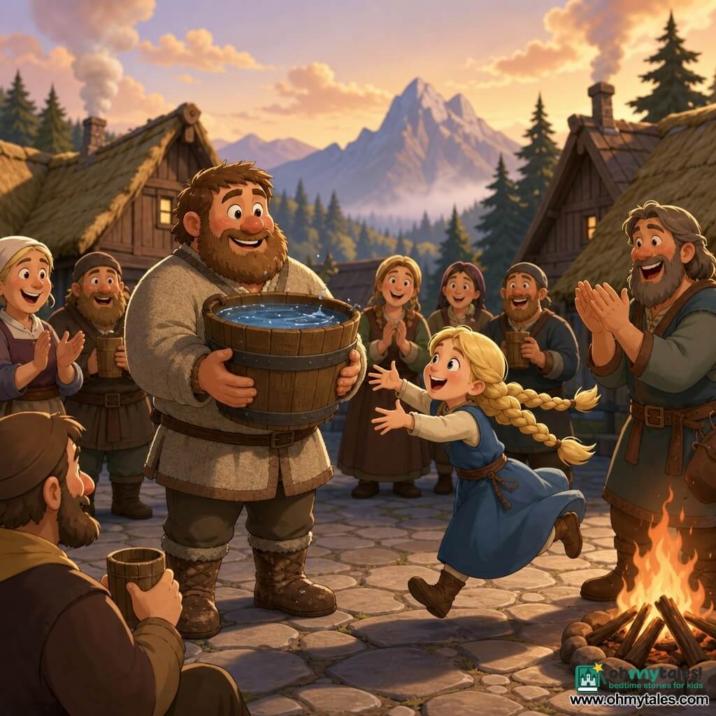 A round-faced man named Sjur with rosy cheeks, short brown hair and a beard carries a large wooden bucket of sparkling water, smiling and determined in coarse wool clothes and muddy leather boots; a girl, Astrid, about 10, with bouncing blonde braids and wide-eyed wonder, jumps forward reaching for the bucket; a fisherman, Tor, with graying mid-length hair, claps and laughs by a campfire to Sjur's right; several friendly villagers hold wooden cups and applaud around them; the setting is a small paved Nordic village square with thatched wooden houses, dark pines and misty mountains in the background at golden dusk with light smoke rising, as the villagers greet Sjur and celebrate his arrival with the clear, shining water.